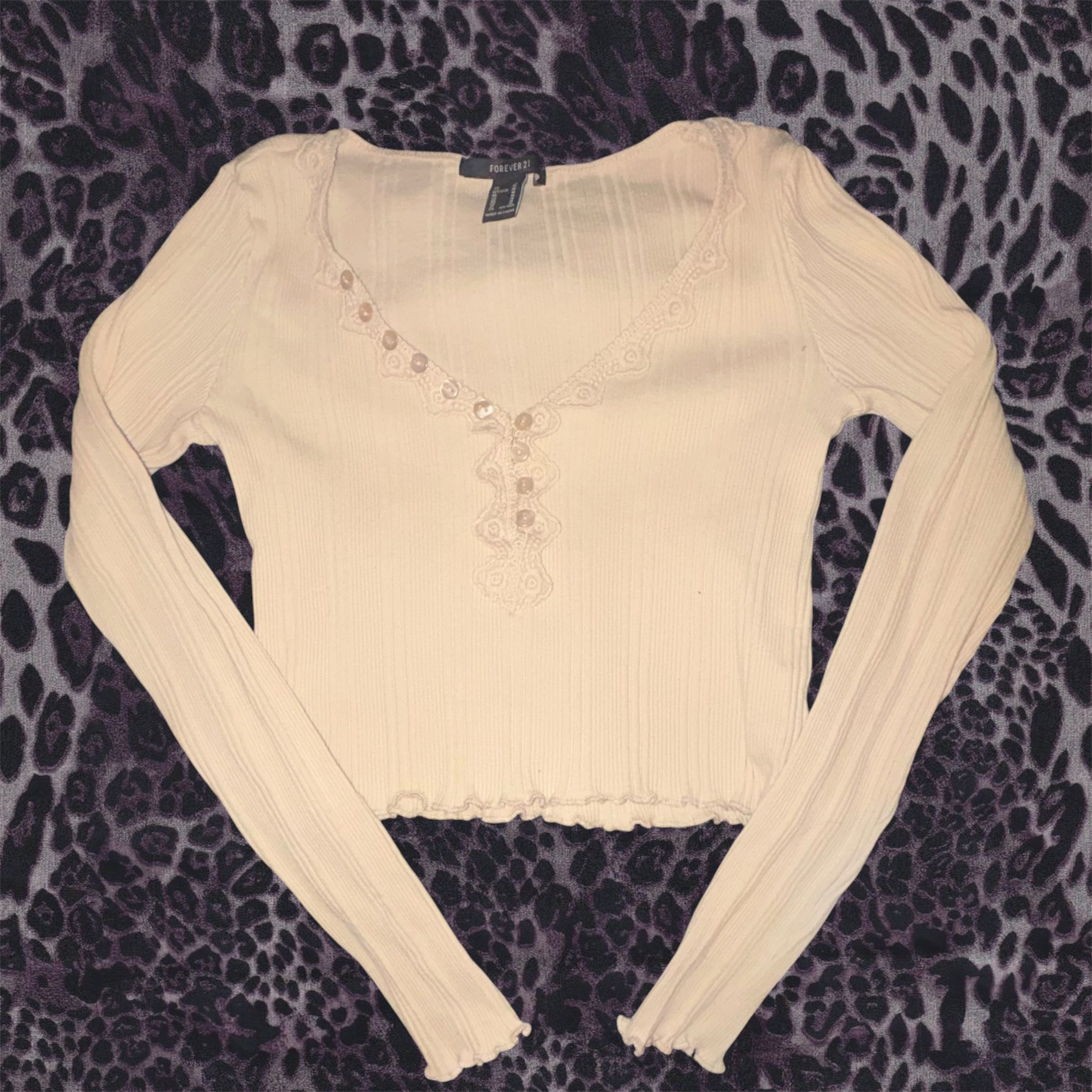 Forever 21 Tan Ribbed Lace-Trim Cropped Long Sleeve Top Small