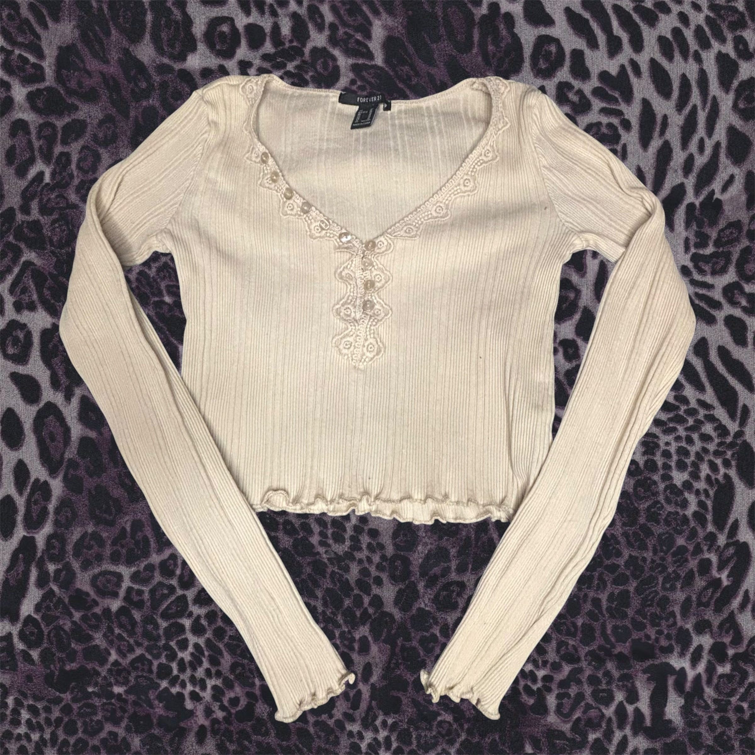 Forever 21 Tan Ribbed Lace-Trim Cropped Long Sleeve Top Small image 2