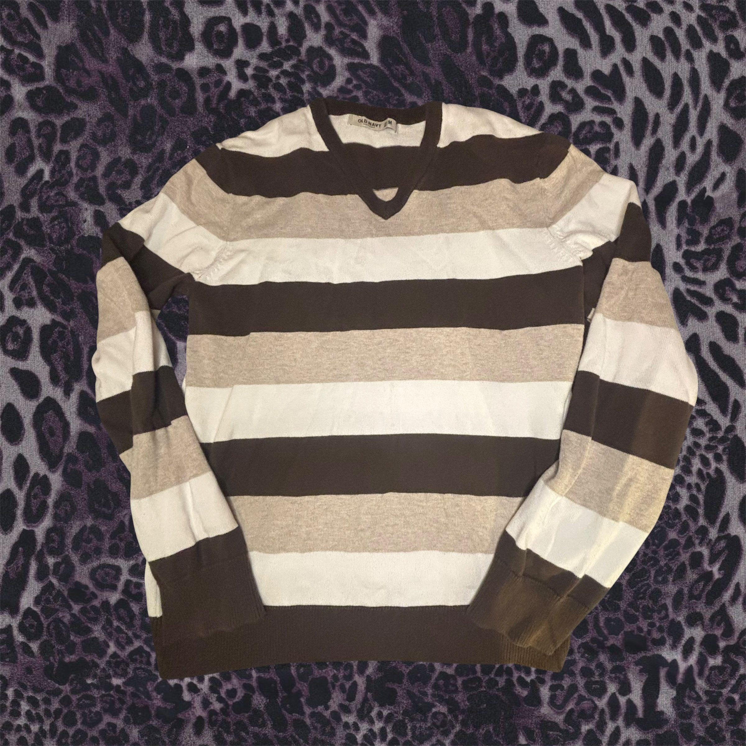 Old Navy Brown, Beige & White Striped V-Neck Sweater Medium