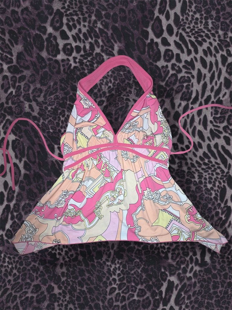 Women's Y2K Retro Pink Patterned Halter Bikini Top Medium