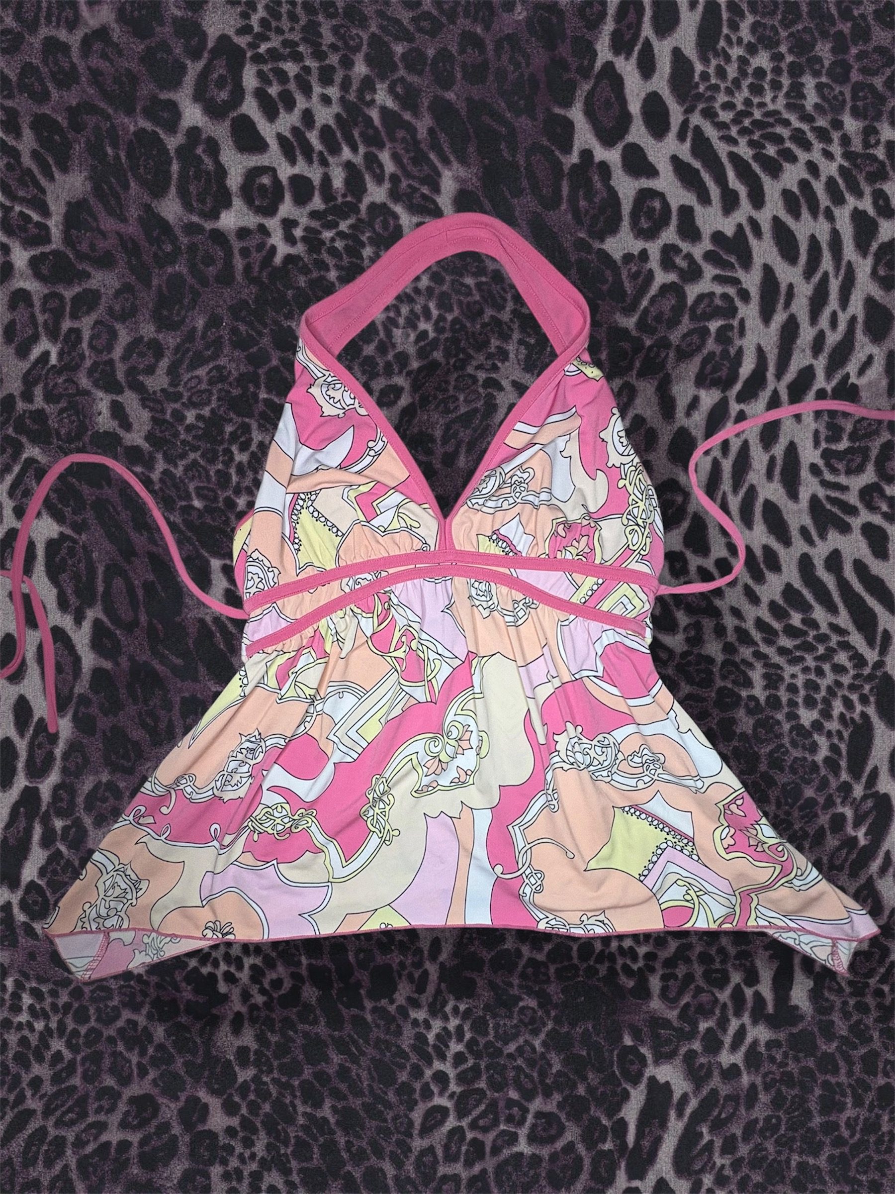 Women's Y2K Retro Pink Patterned Halter Bikini Top Medium