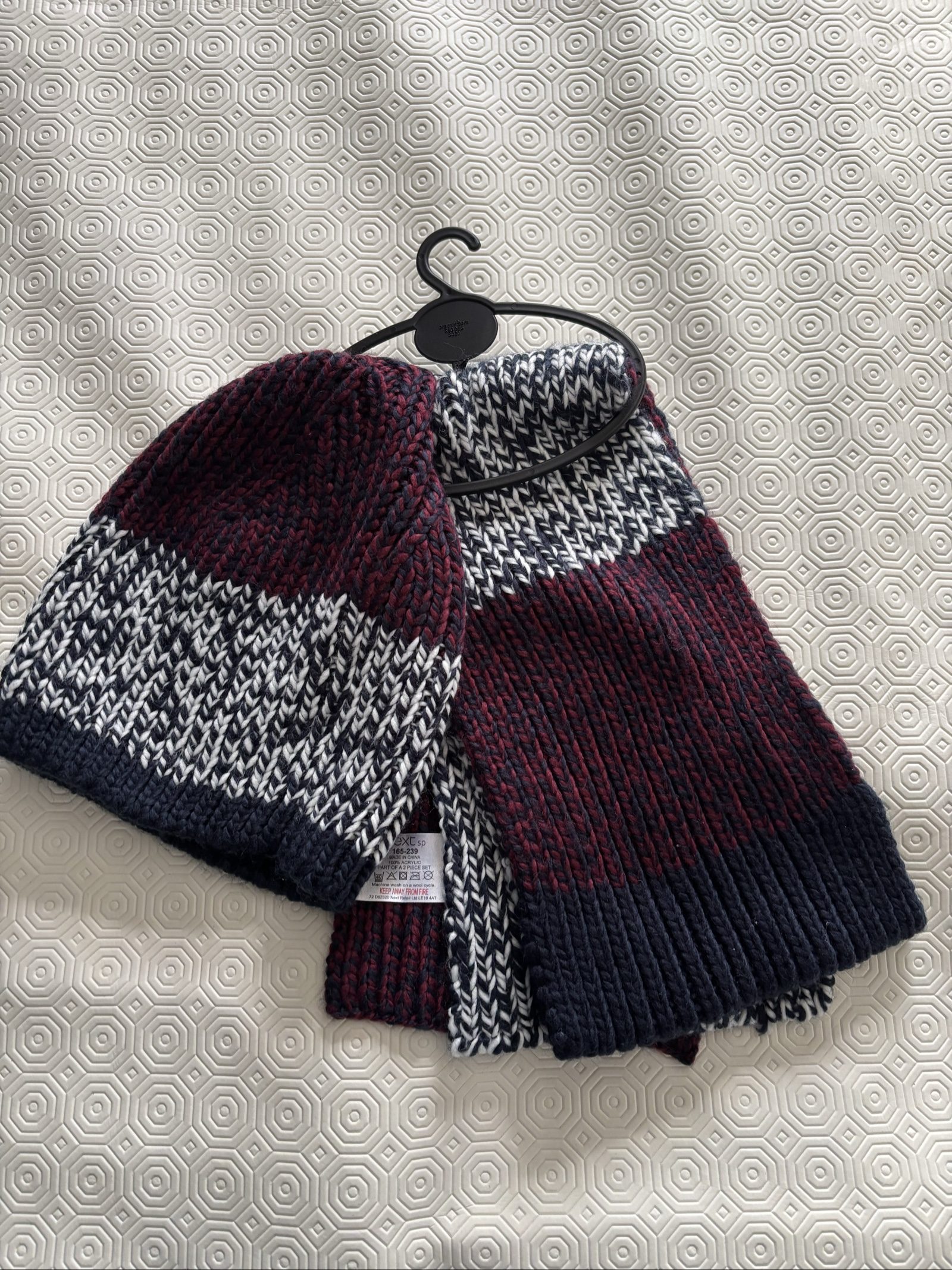 Next Burgundy, Navy & White Knitted Hat & Scarf Set One Size