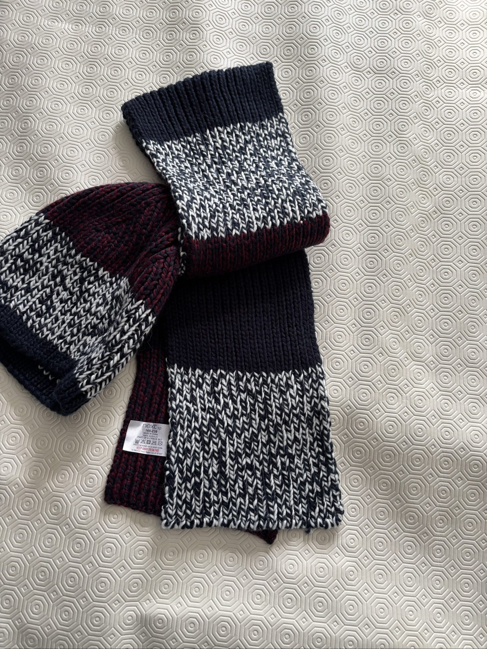 Next Burgundy, Navy & White Knitted Hat & Scarf Set One Size image 2