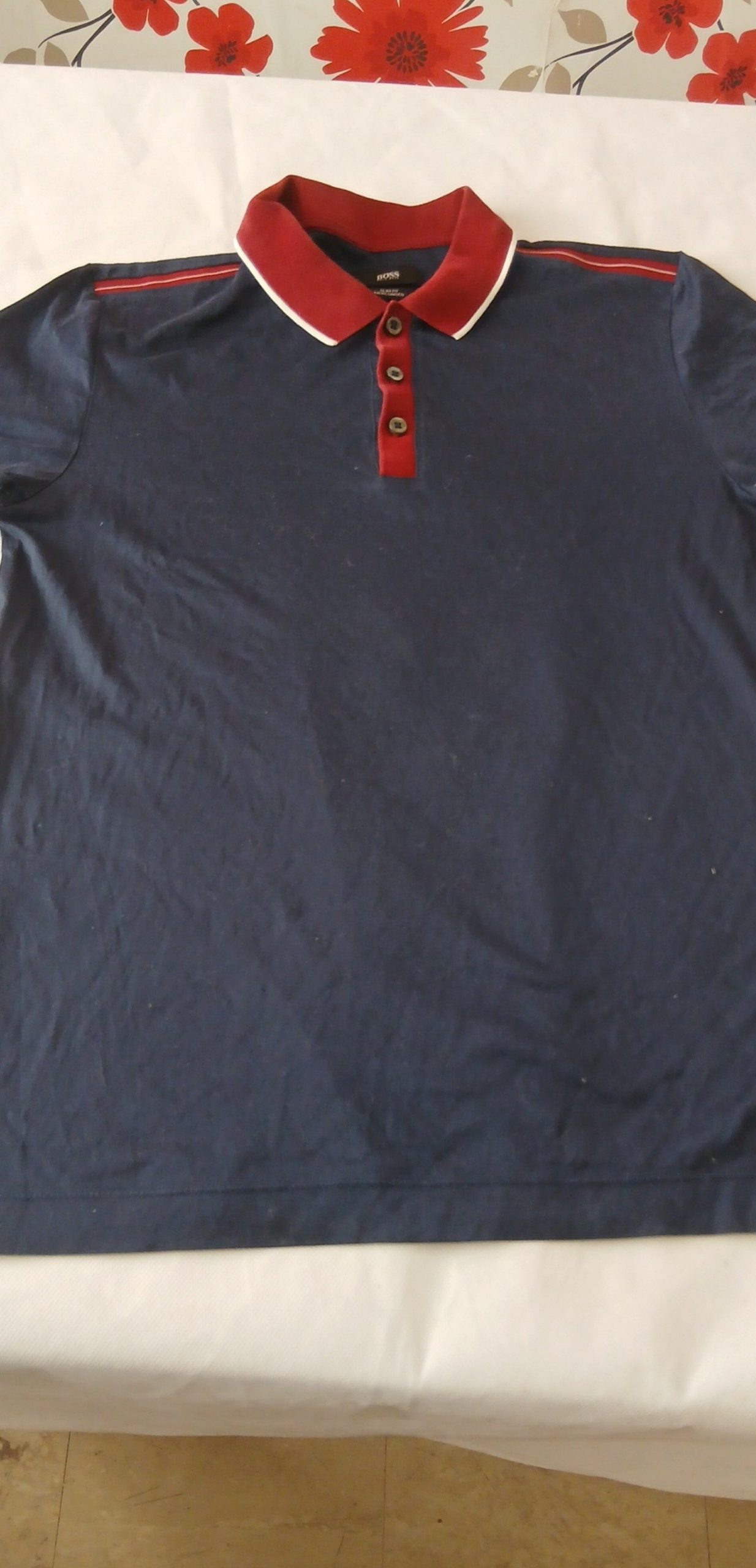 BOSS Navy & Red Slim Fit Mercerised Polo Shirt M