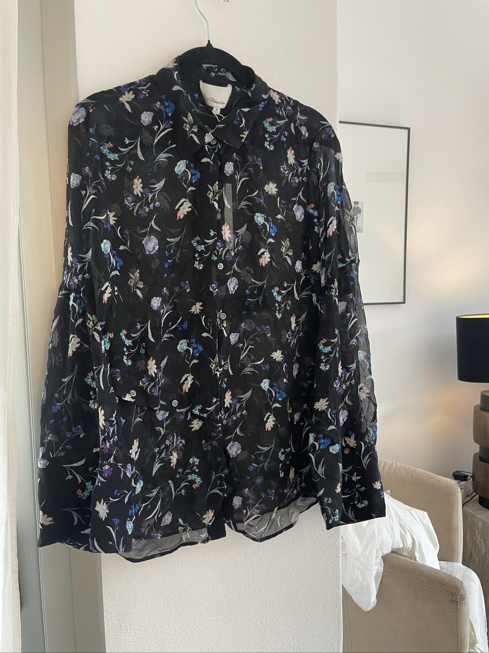 3.1 Phillip Lim Black Floral Button-Down Shirt Size 8 Semi-Sheer