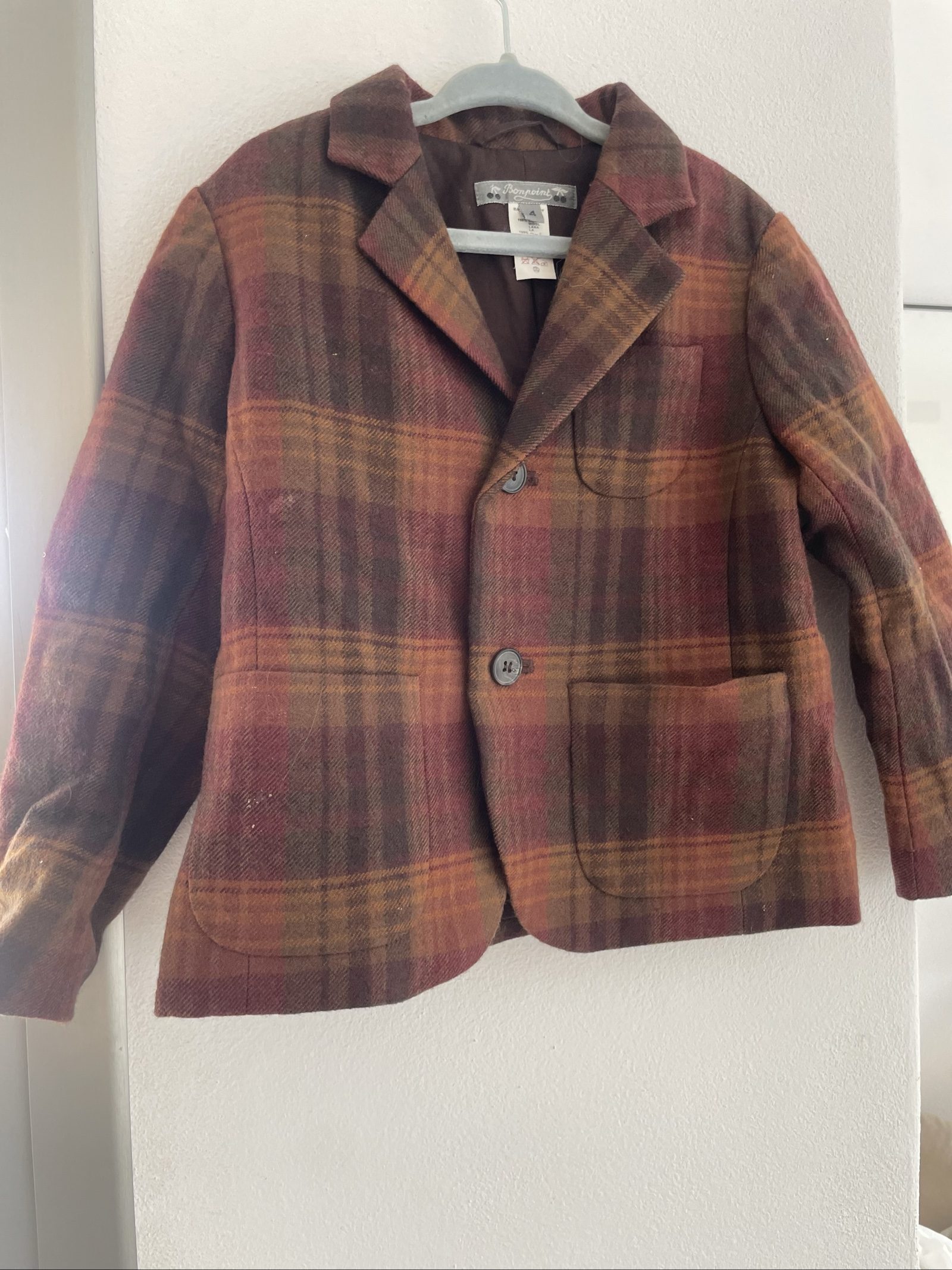 Bonpoint Brown & Red Wool Plaid Jacket 4 Years
