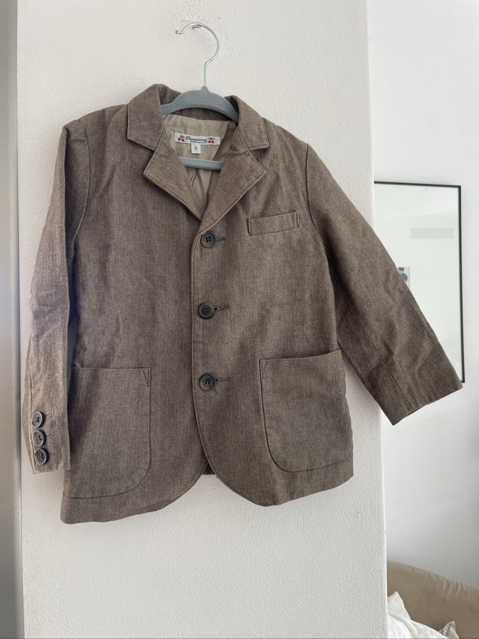 Bonpoint Kids' Brown Herringbone Wool Blend Blazer Size 3