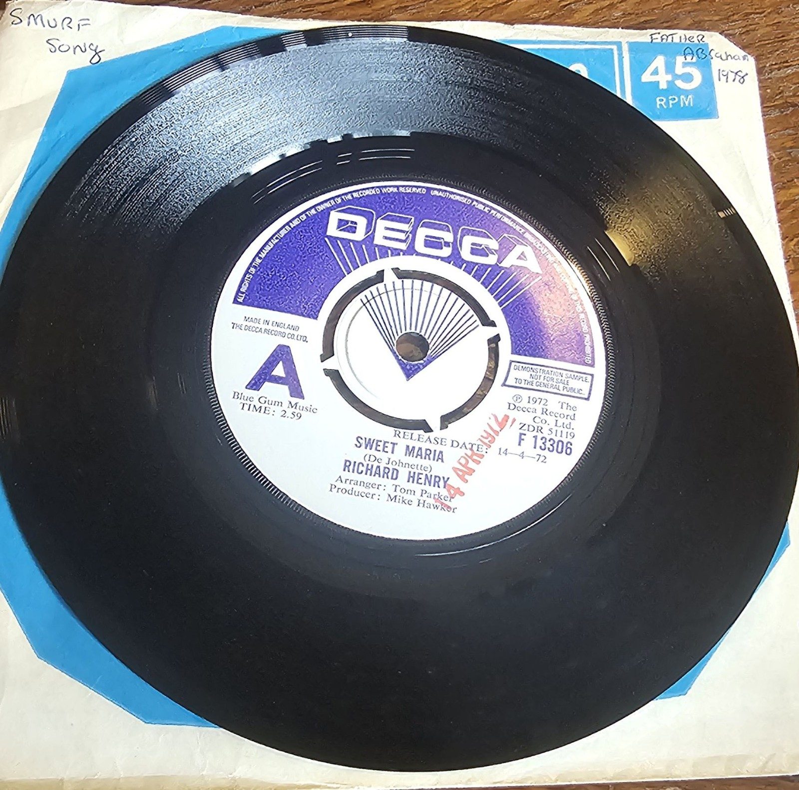 Richard Henry Sweet Maria PROMO Decca F13306 7" Vinyl Single
