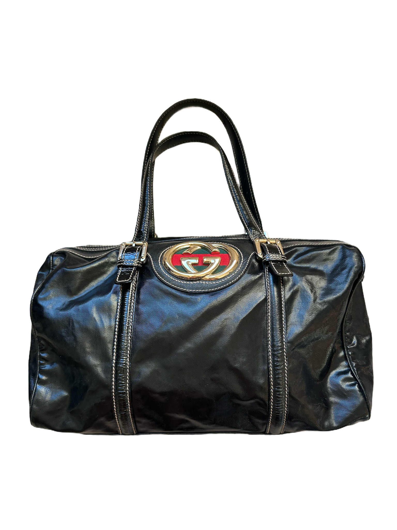 Gucci Black Patent Leather & Canvas Top Handle Bag