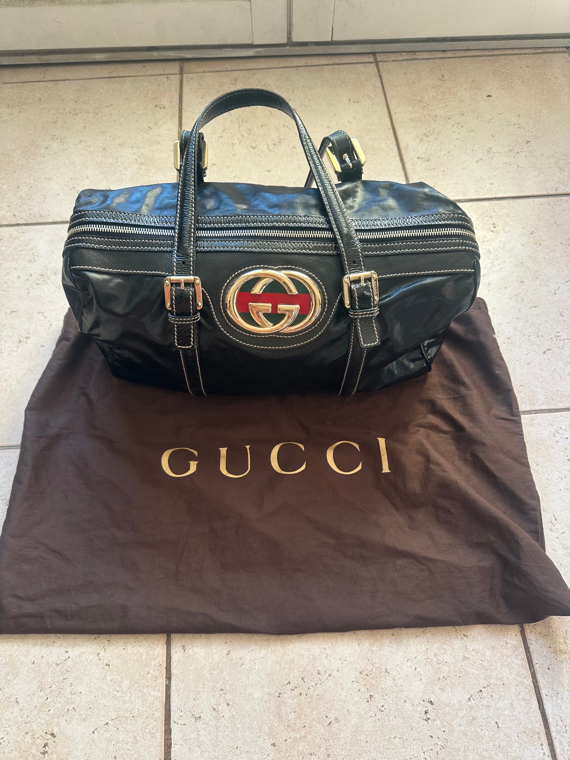 Gucci Black Patent Leather & Canvas Top Handle Bag image 2
