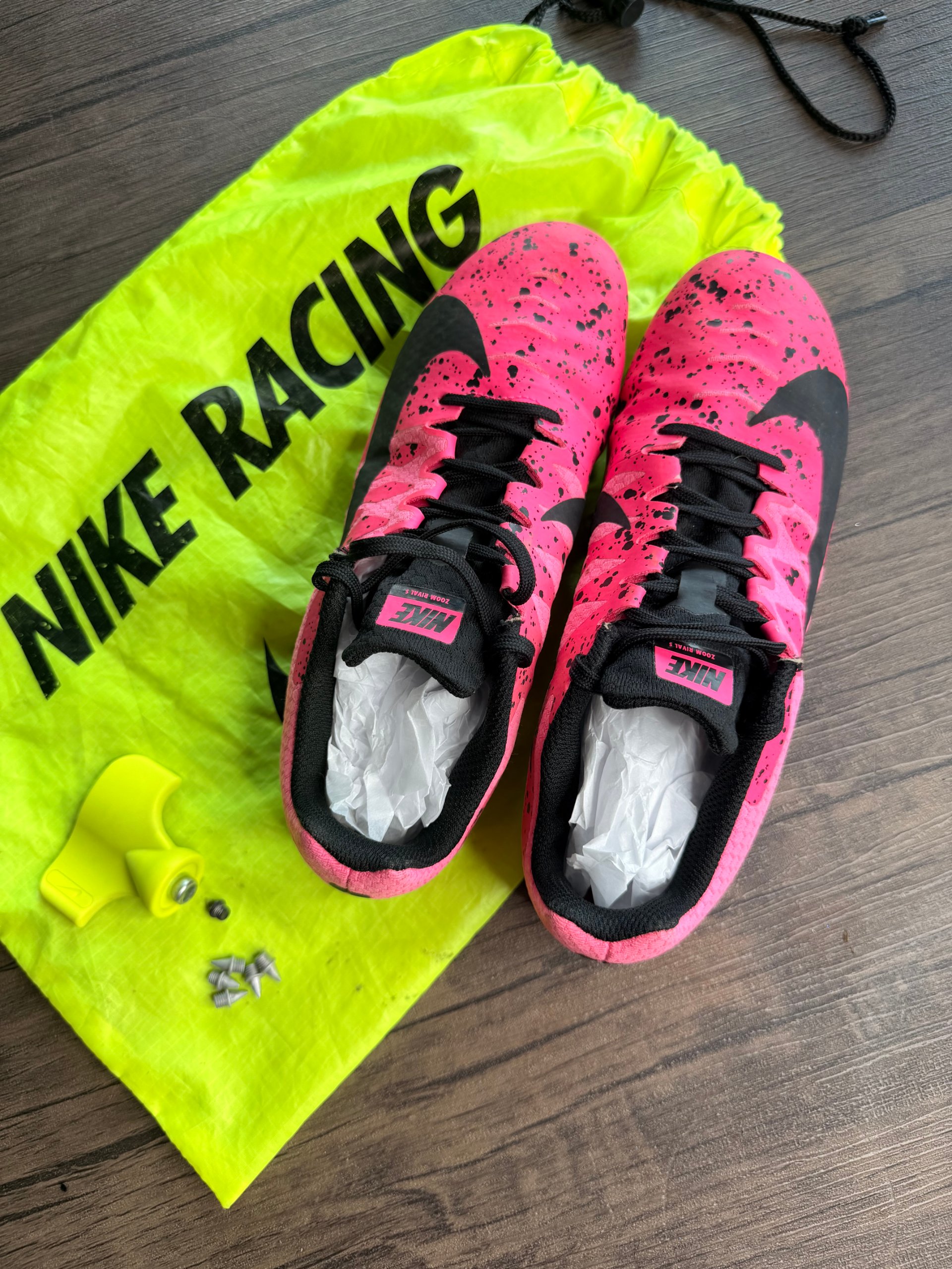 Nike Pink & Black Racing Spikes US 7.5 with Bag & Replacement Spikes