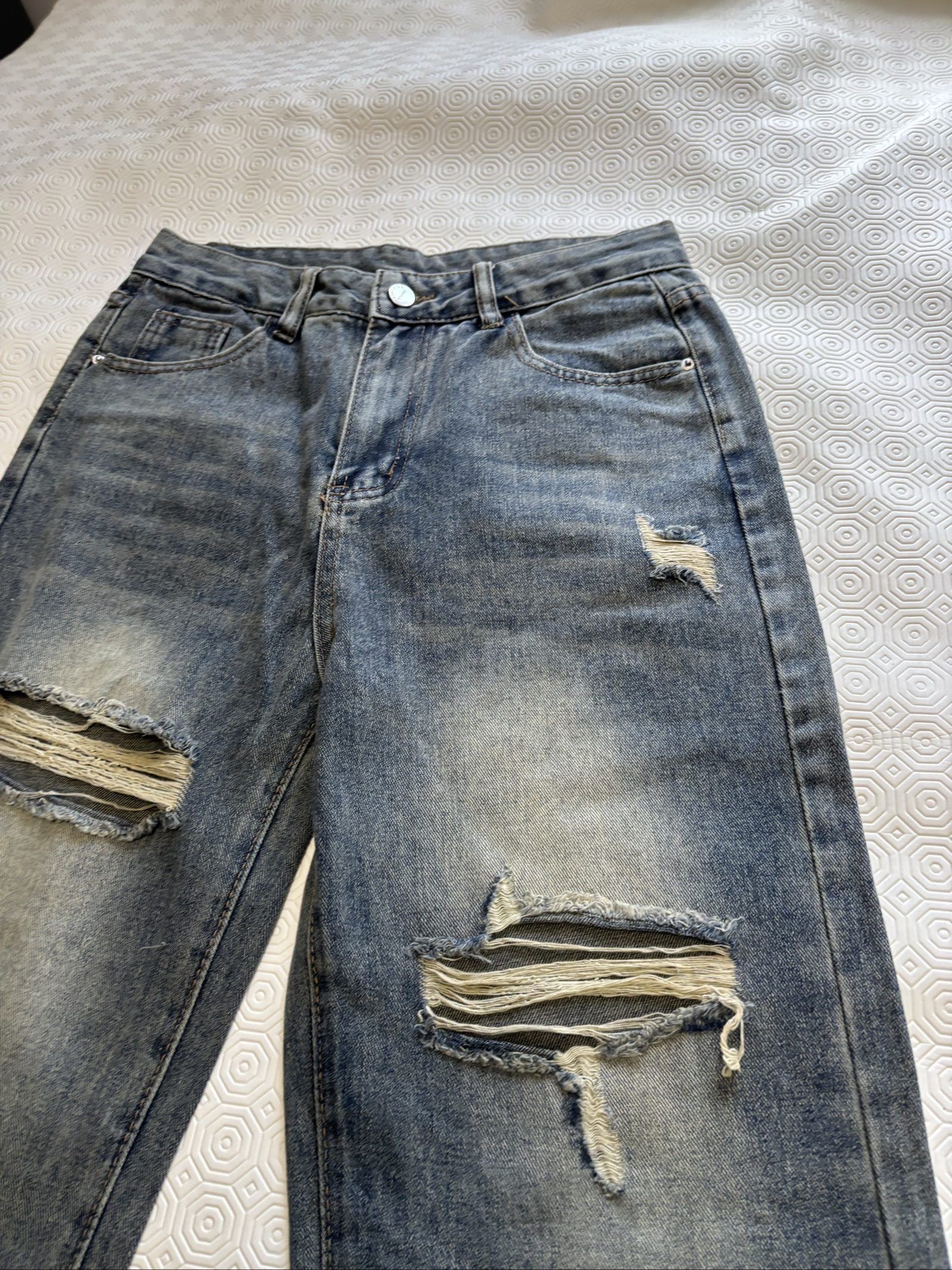 Blue Distressed Ripped Denim Jeans Straight Leg image 2