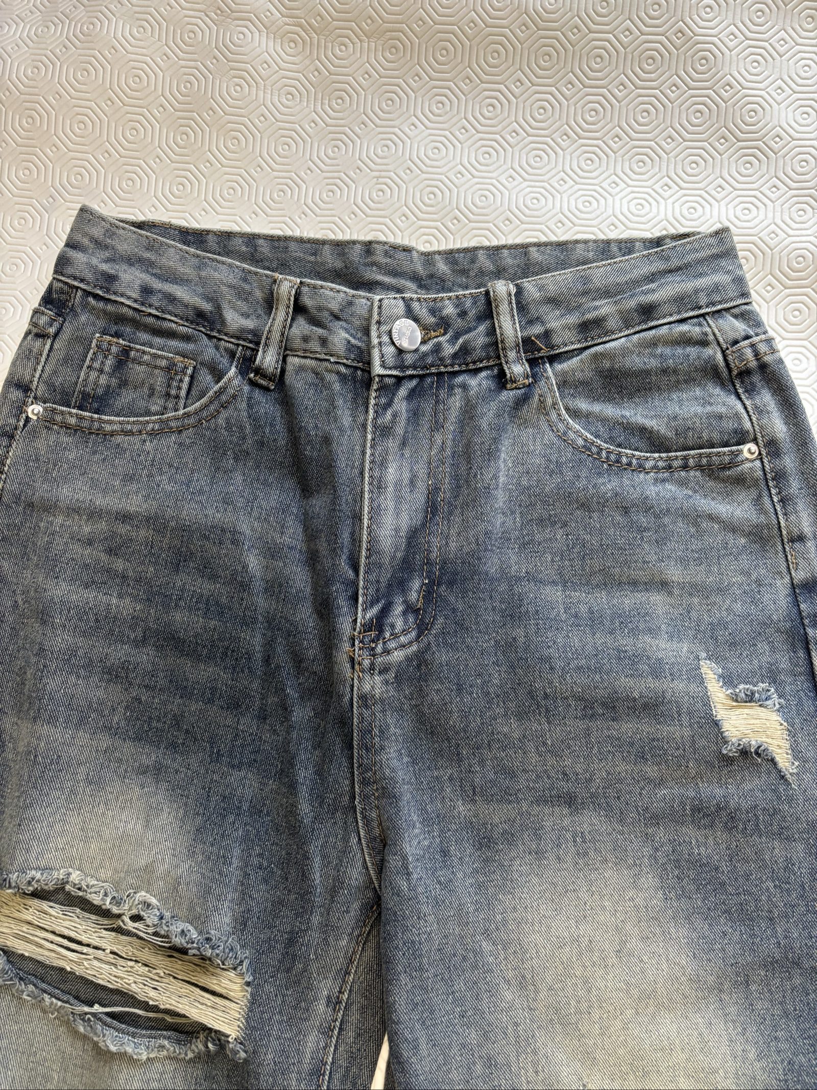 Blue Distressed Ripped Denim Jeans Straight Leg image 3