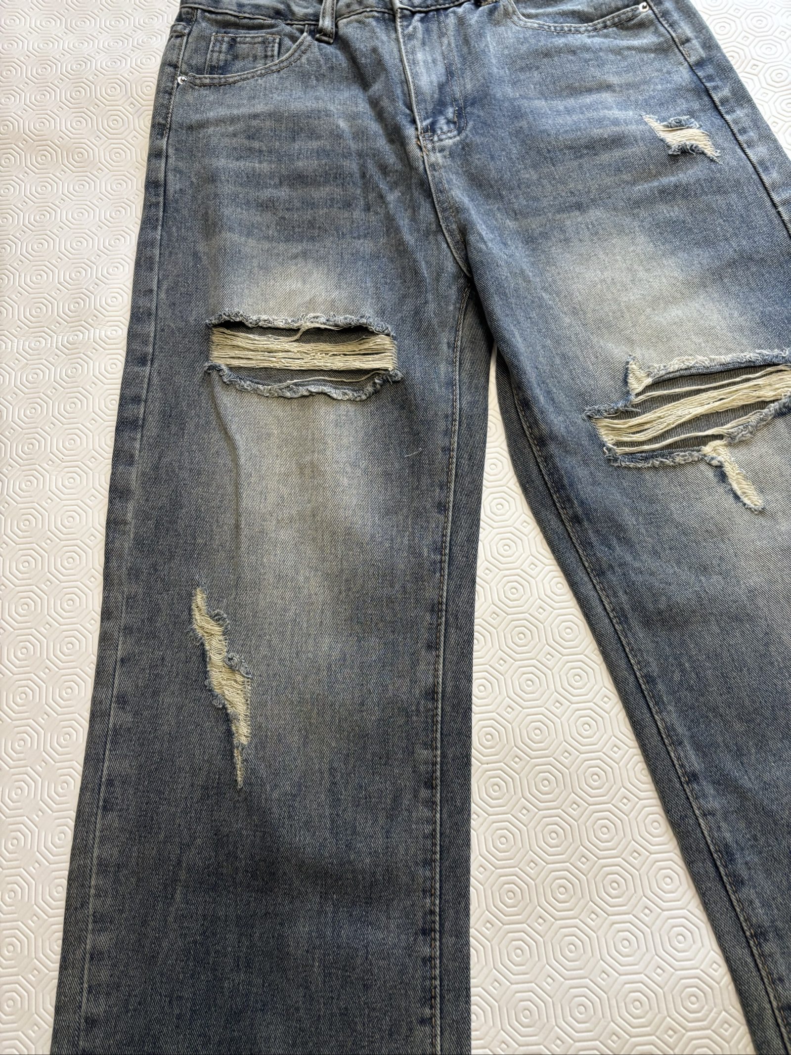 Blue Distressed Ripped Denim Jeans Straight Leg image 4