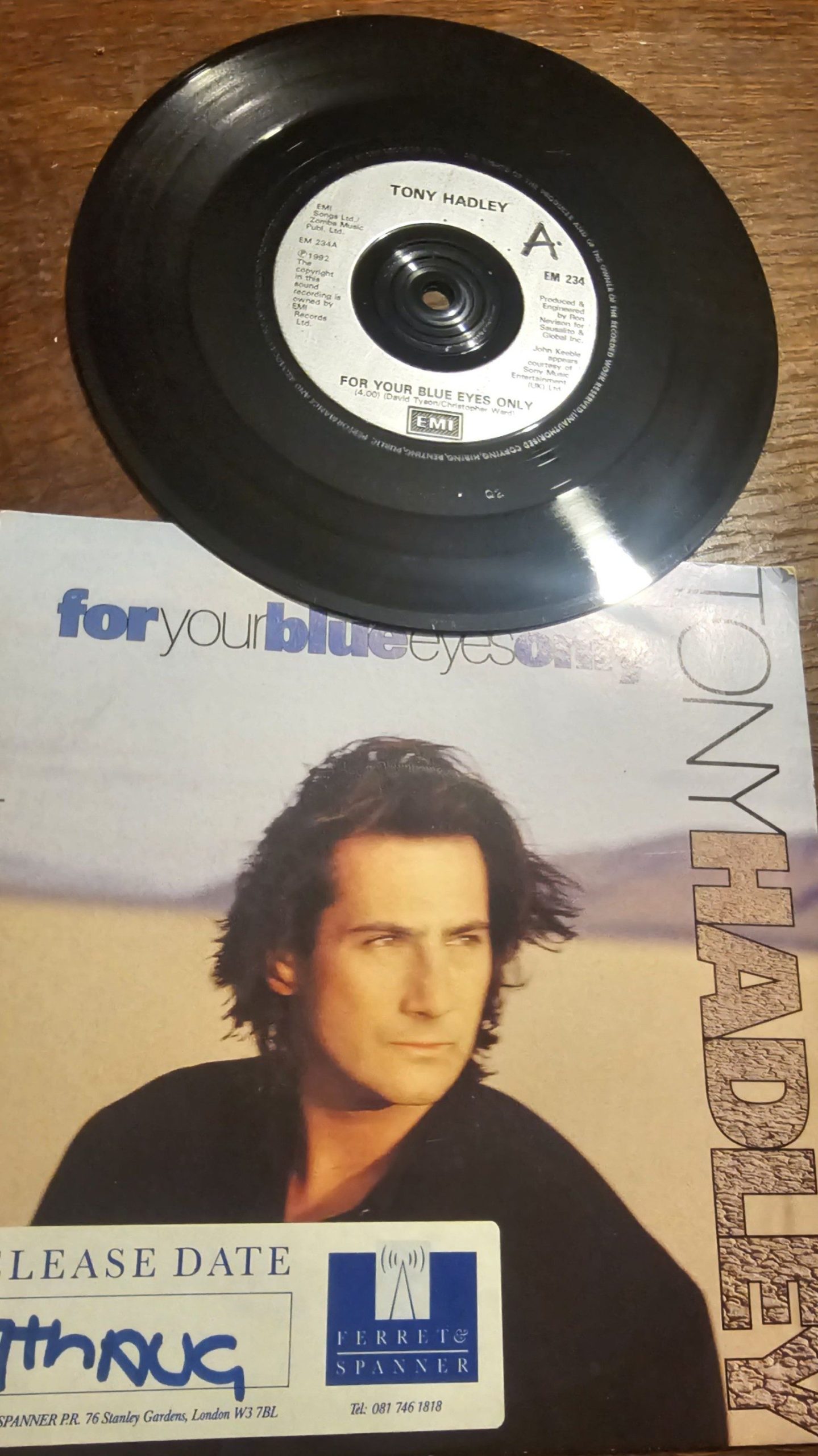Tony Hadley For Your Blue Eyes Only PROMO EMI EM 234 7" Vinyl Single