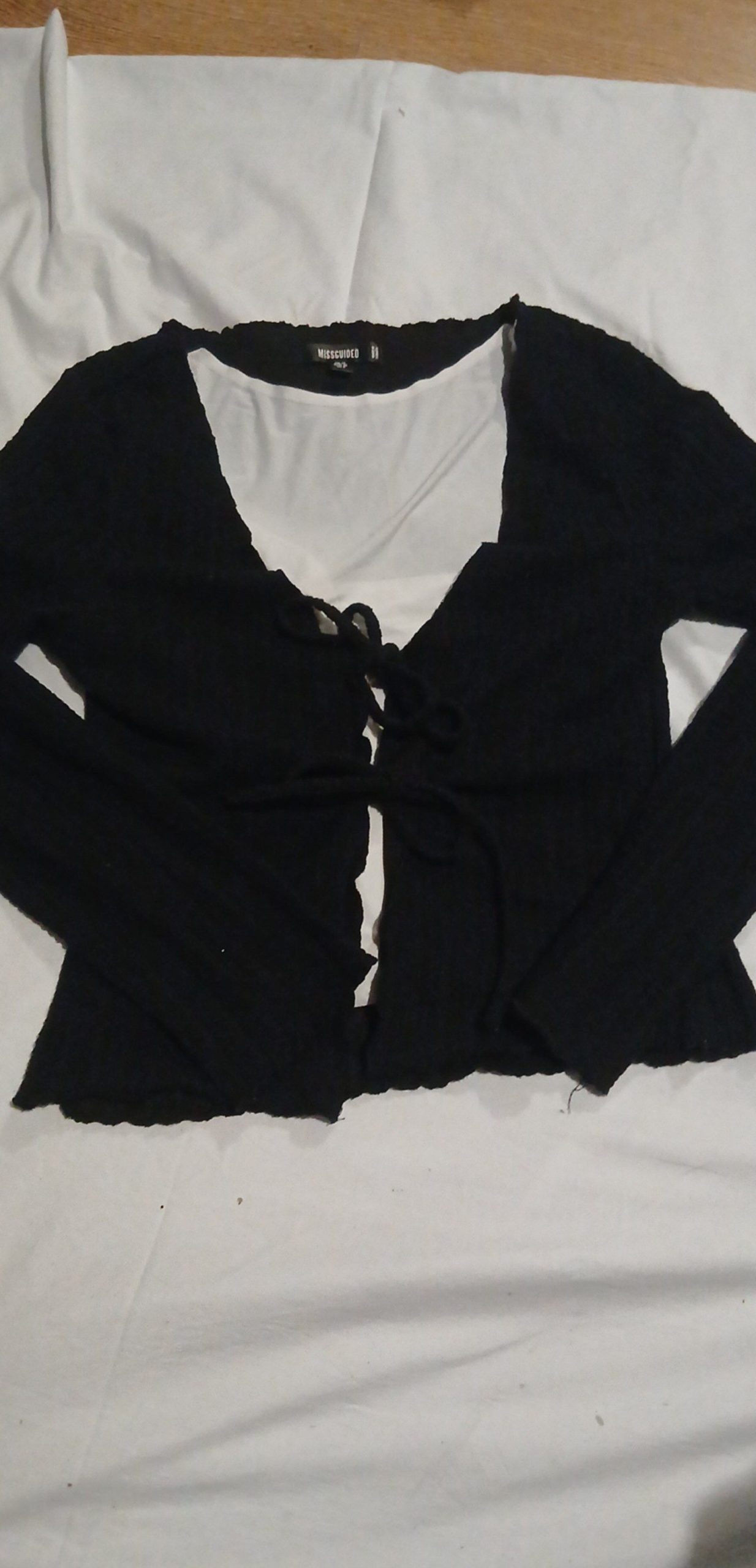 Missguided Women's Black Ribbed Tie Front Cropped Top Large