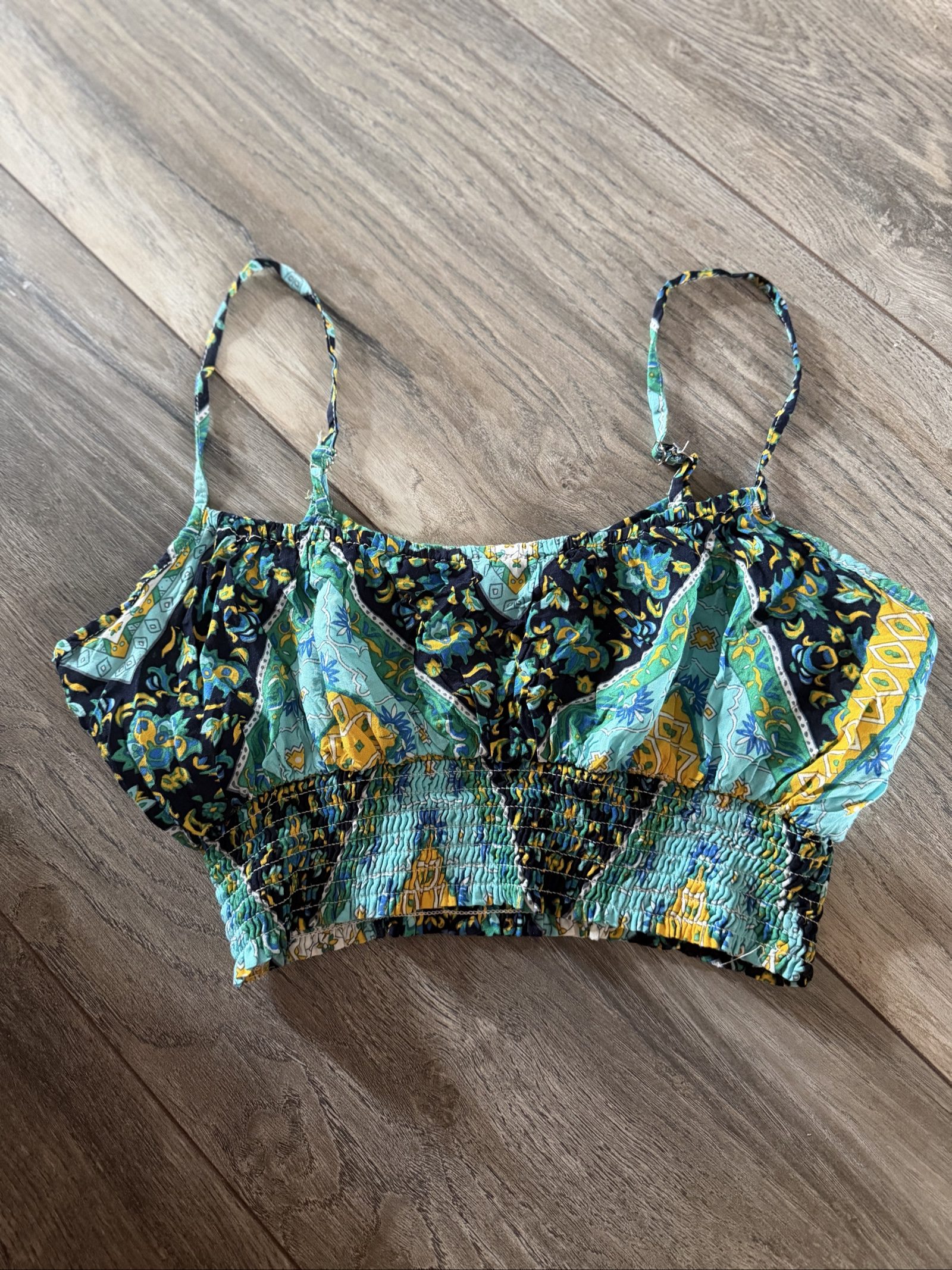 Boho Green Floral Patterned Crop Top Large Cotton image 2