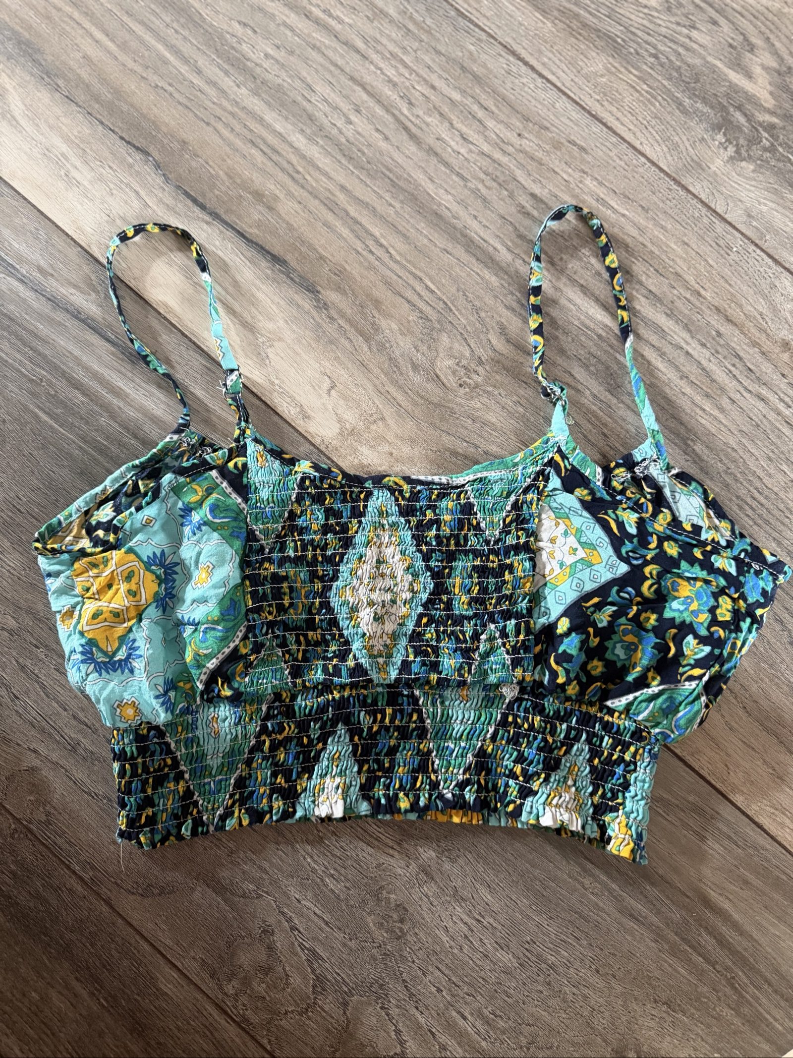 Boho Green Floral Patterned Crop Top Large Cotton image 3