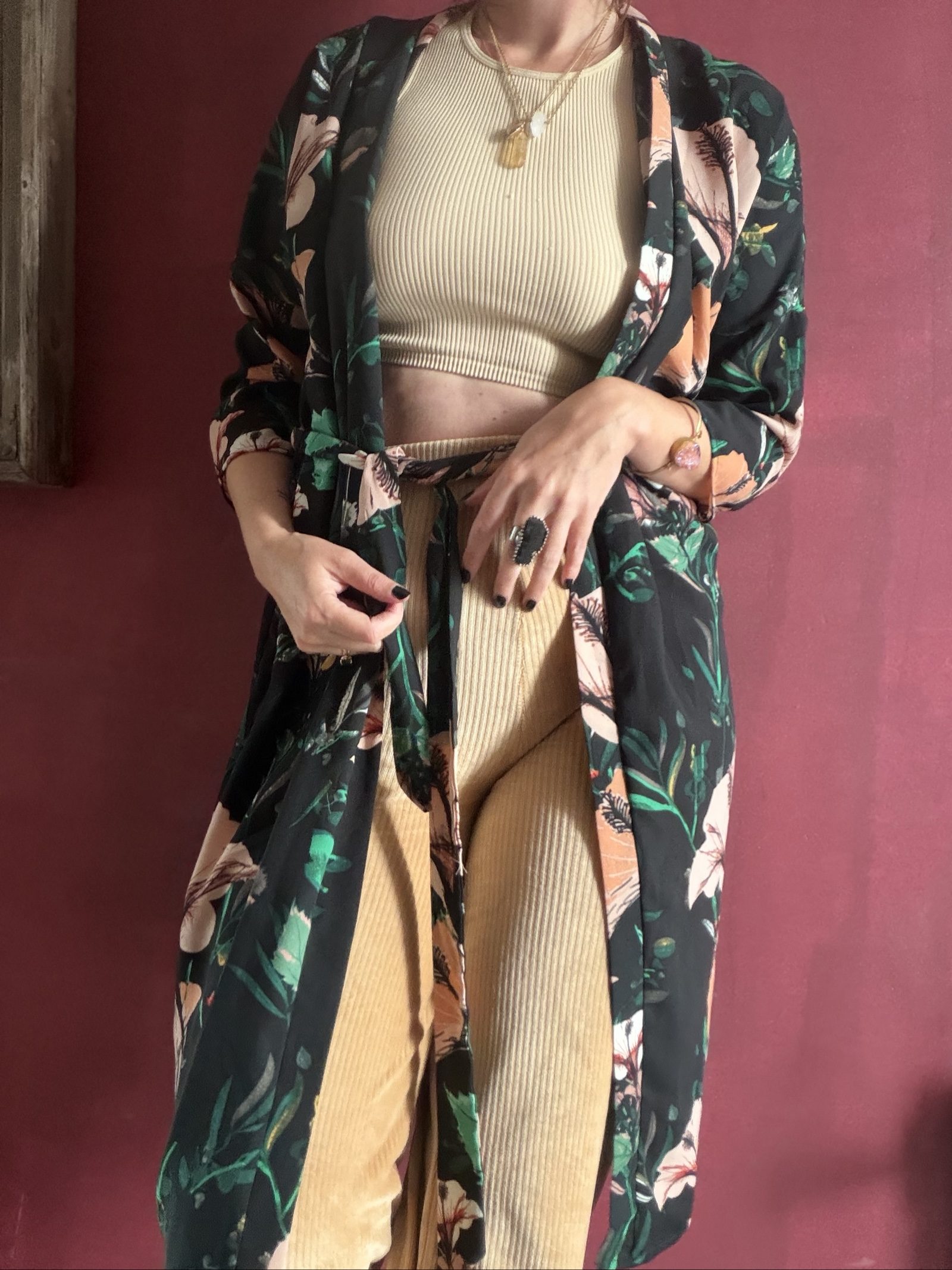 Boho Black & Green Floral Kimono Robe Size 40