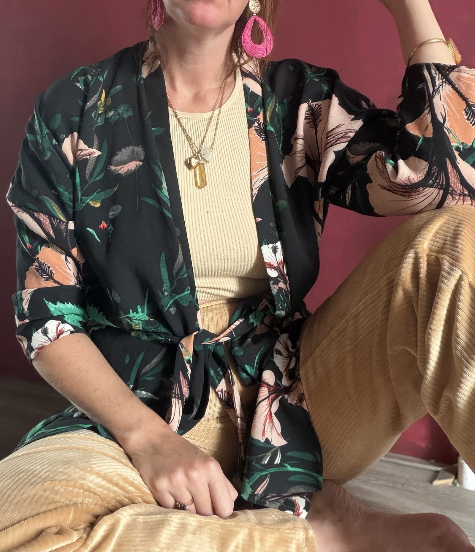 Boho Black & Green Floral Kimono Robe Size 40 image 4