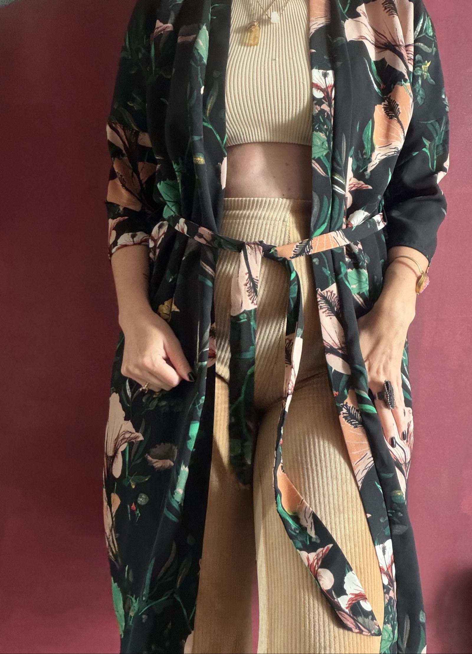 Boho Black & Green Floral Kimono Robe Size 40 image 2