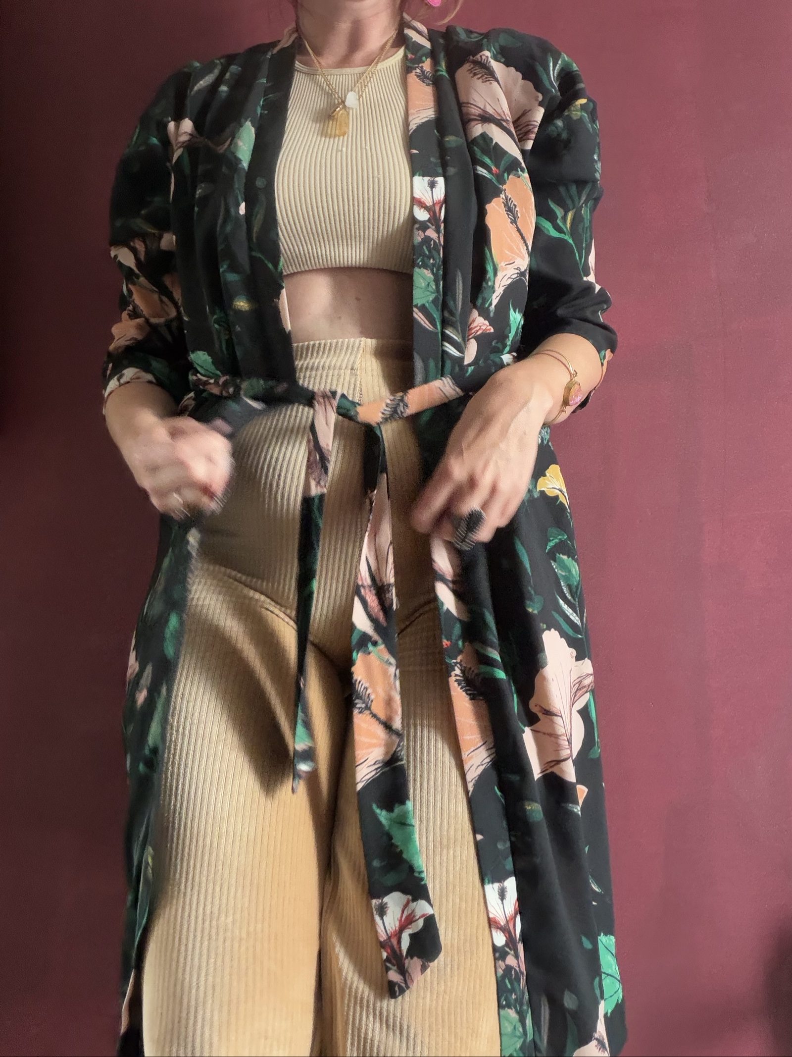 Boho Black & Green Floral Kimono Robe Size 40 image 3