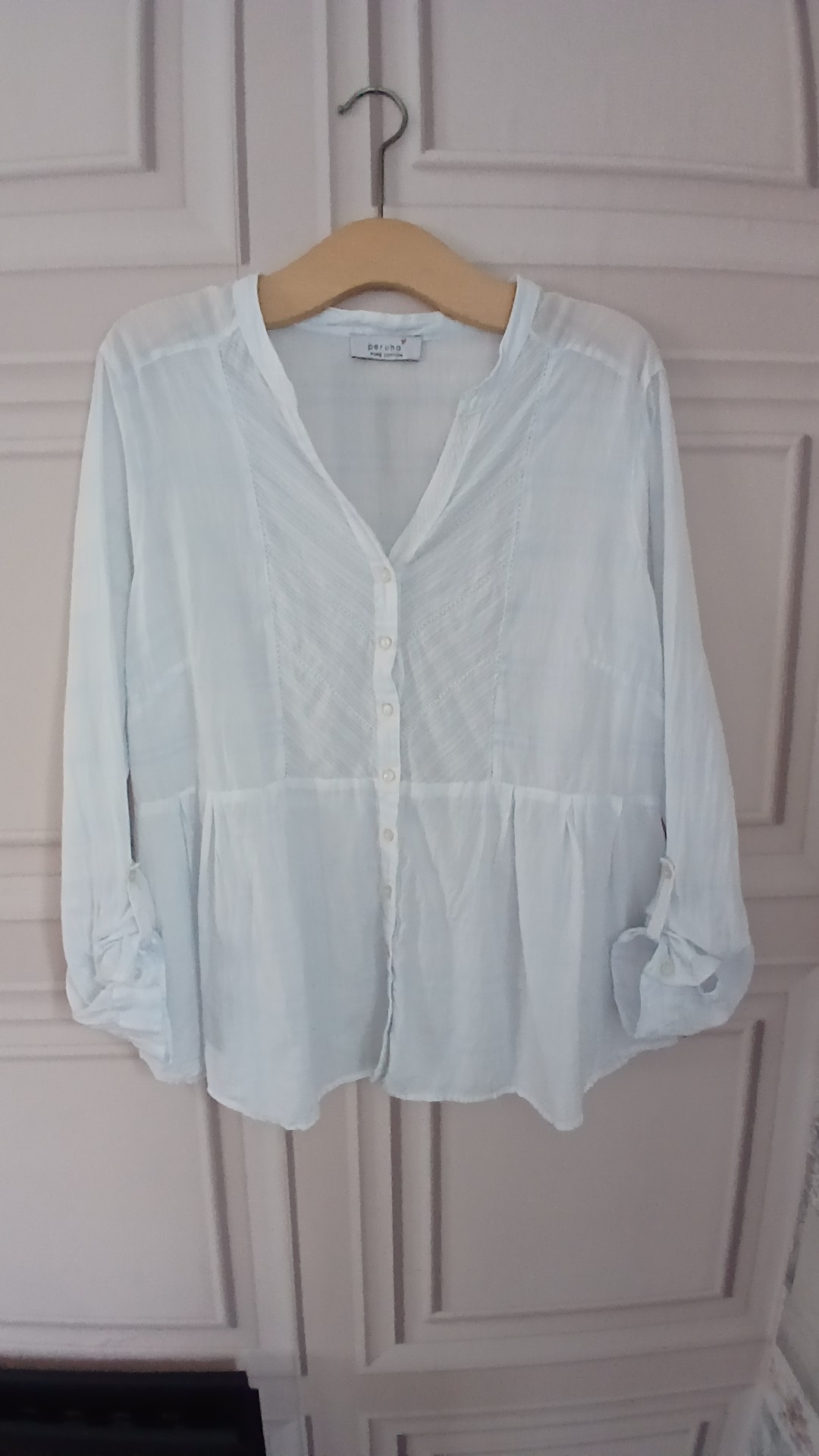 Per Una White Cotton Button Up Peplum Blouse with Light Blue UK 16