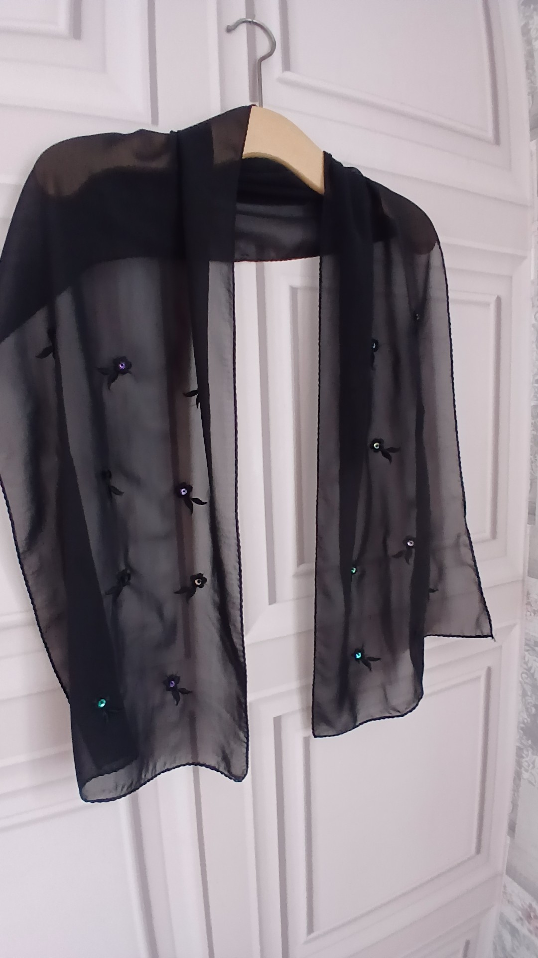 Black Sheer Embroidered Sequin Floral Scarf Wrap One Size