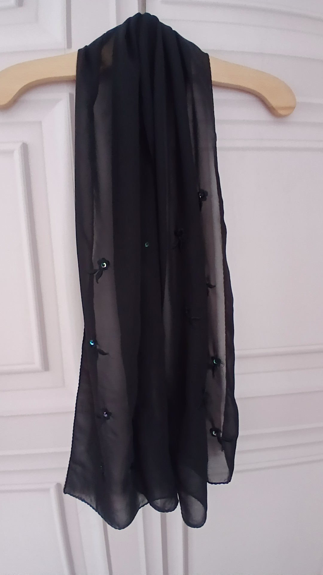 Black Sheer Embroidered Sequin Floral Scarf Wrap One Size image 3