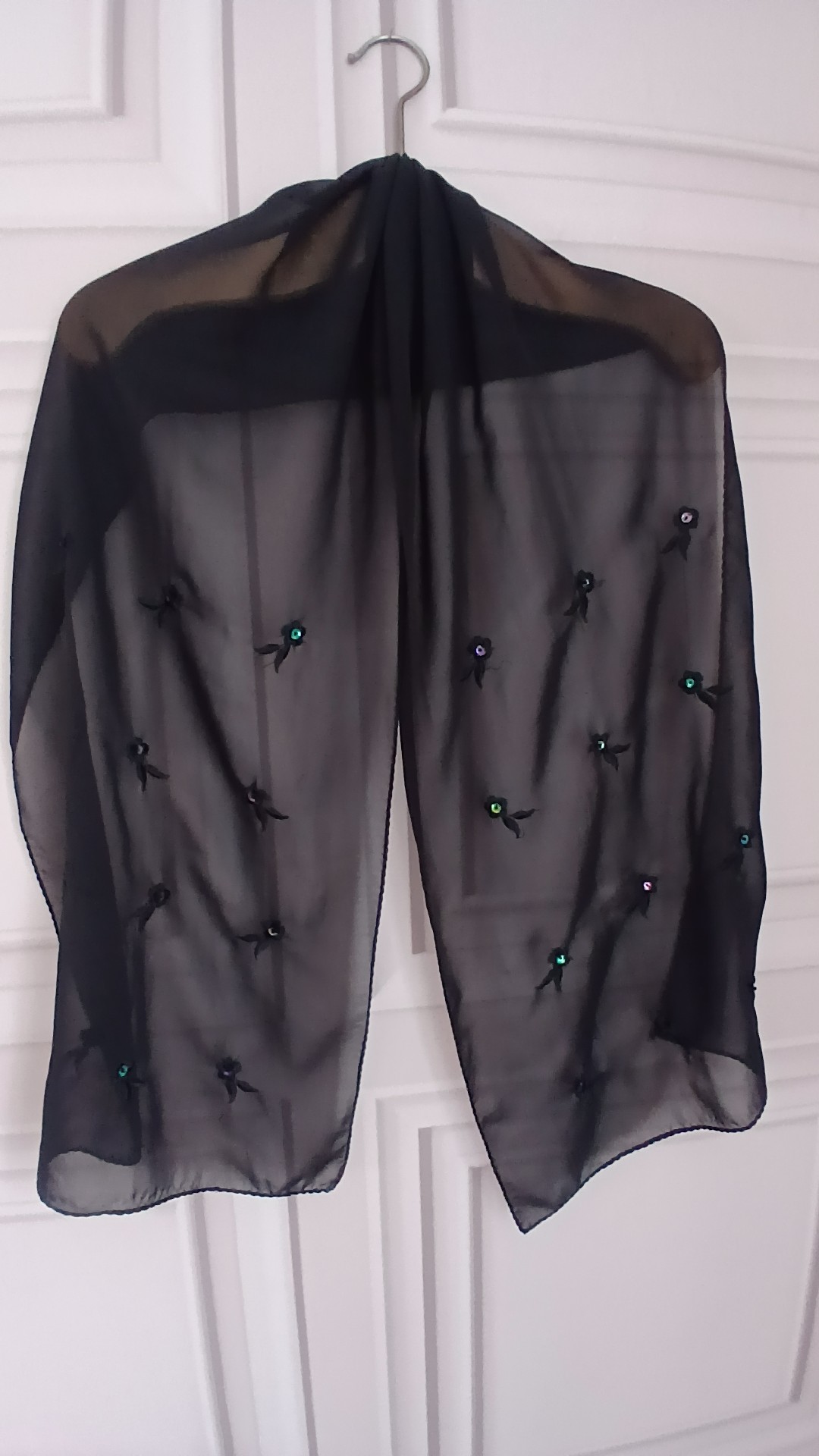 Black Sheer Embroidered Sequin Floral Scarf Wrap One Size image 4