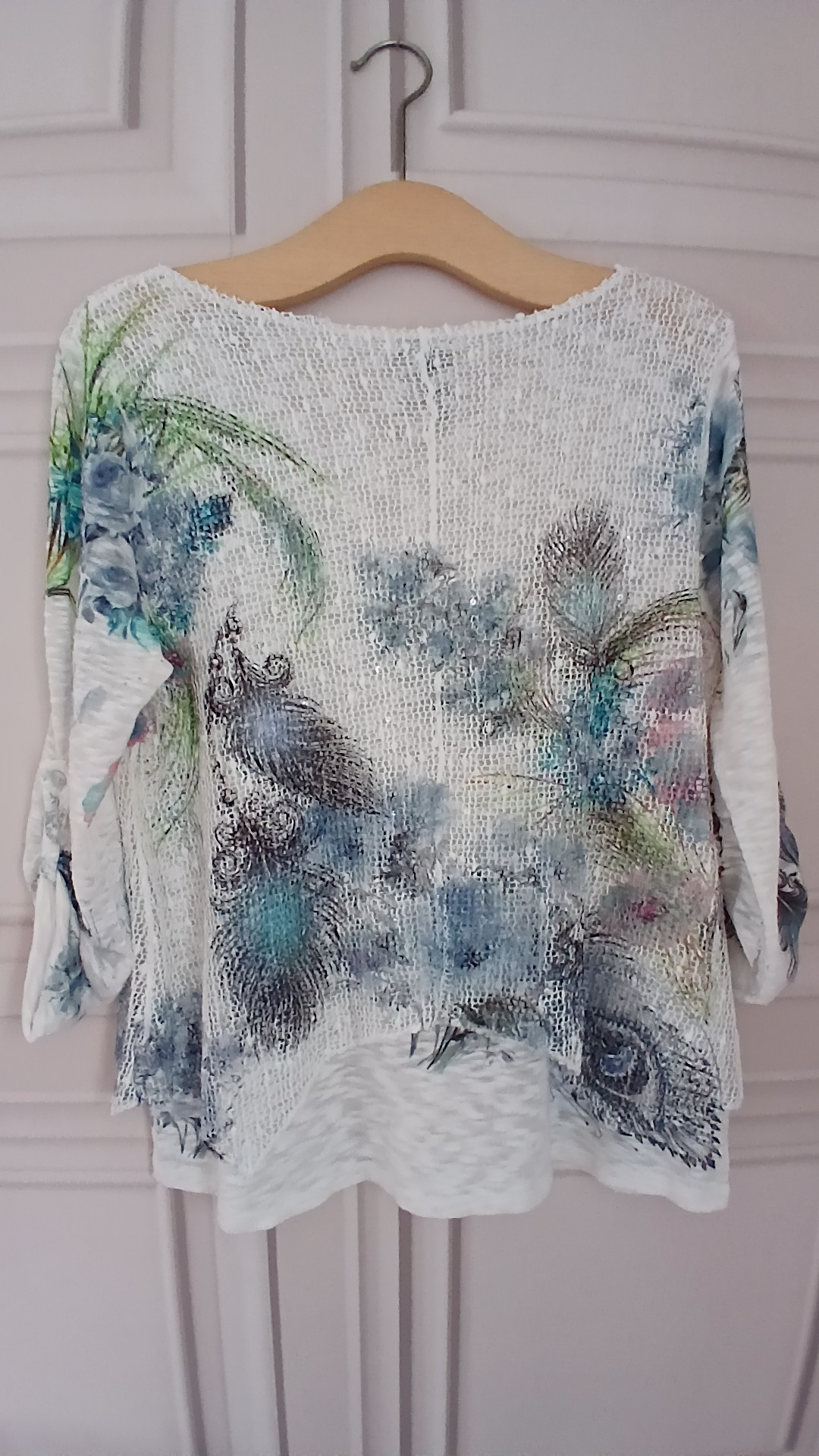 Izabel London White Floral Knit Sequin Top, Roll Tab Sleeve UK 8/10 image 4