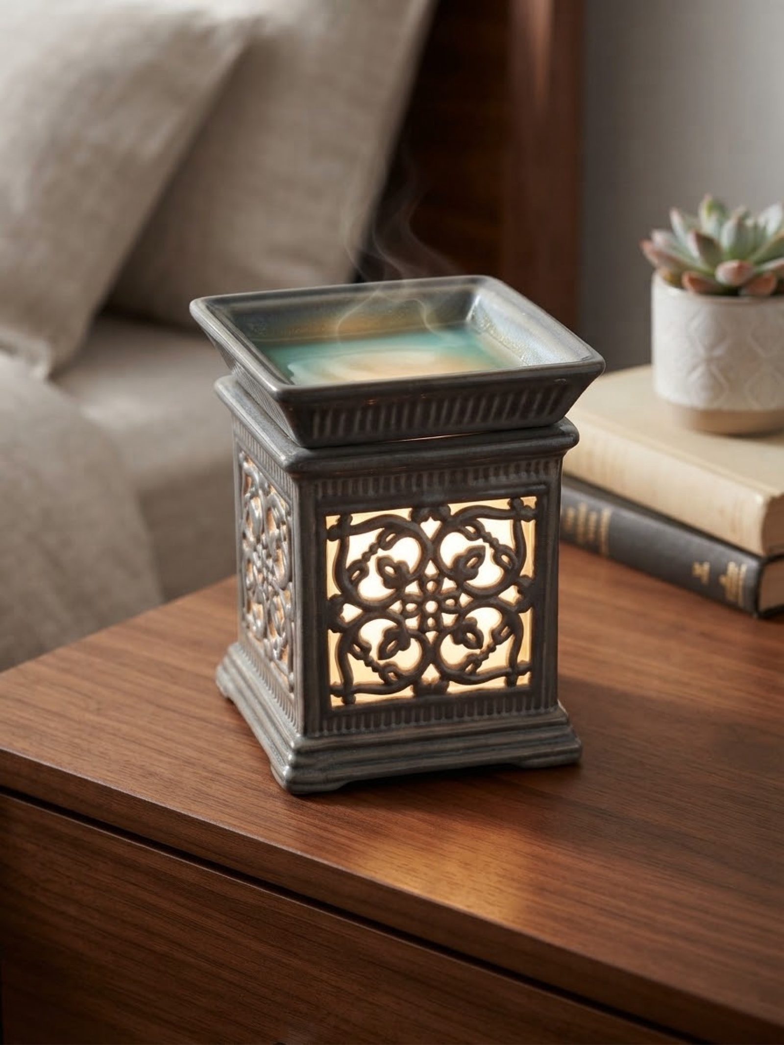 Ceramic Grey Decorative Oil Warmer with Cutout Design