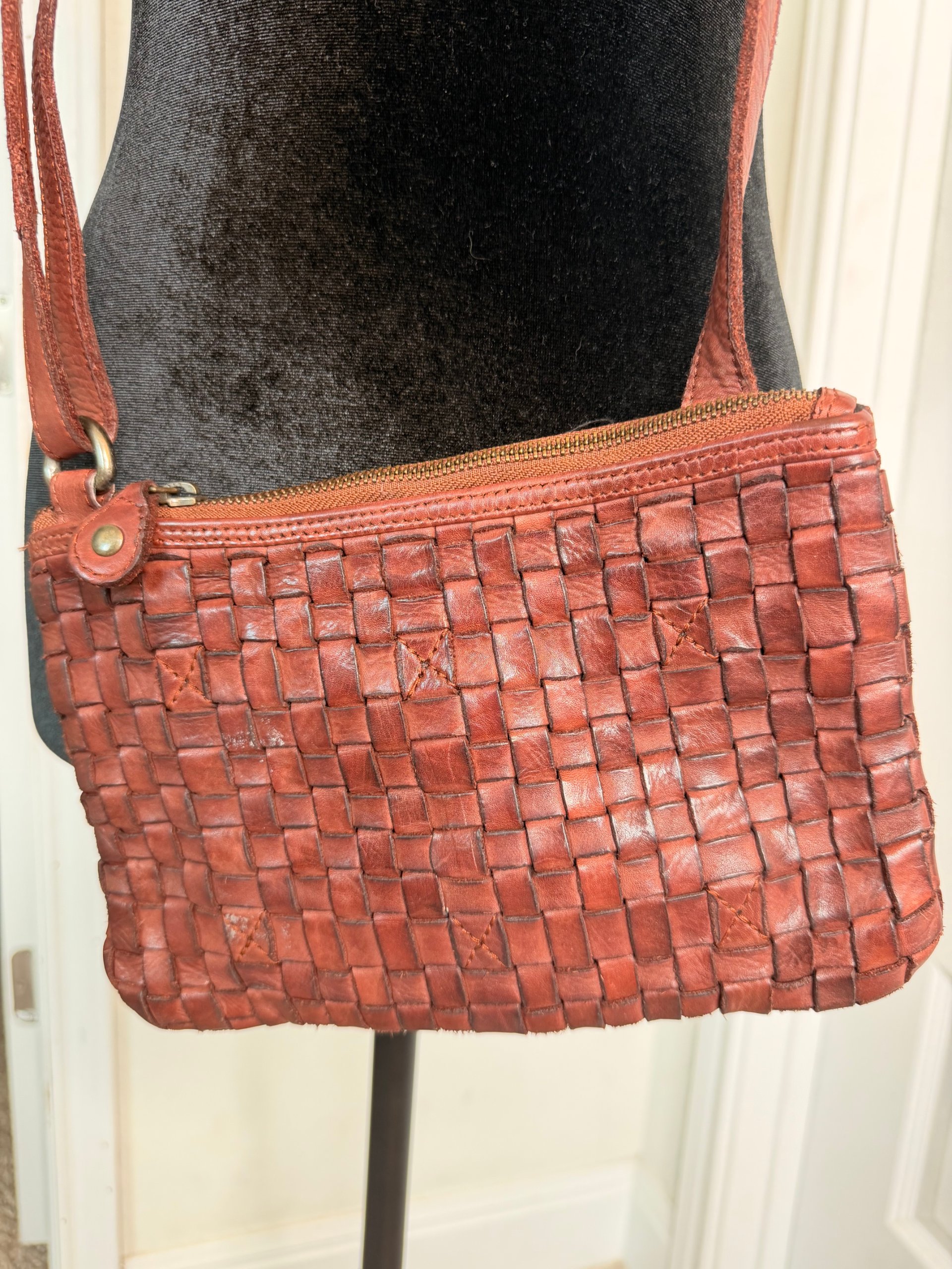 Ashwood Heritage Red Woven Leather Crossbody Boho zip purse with adjustable strap