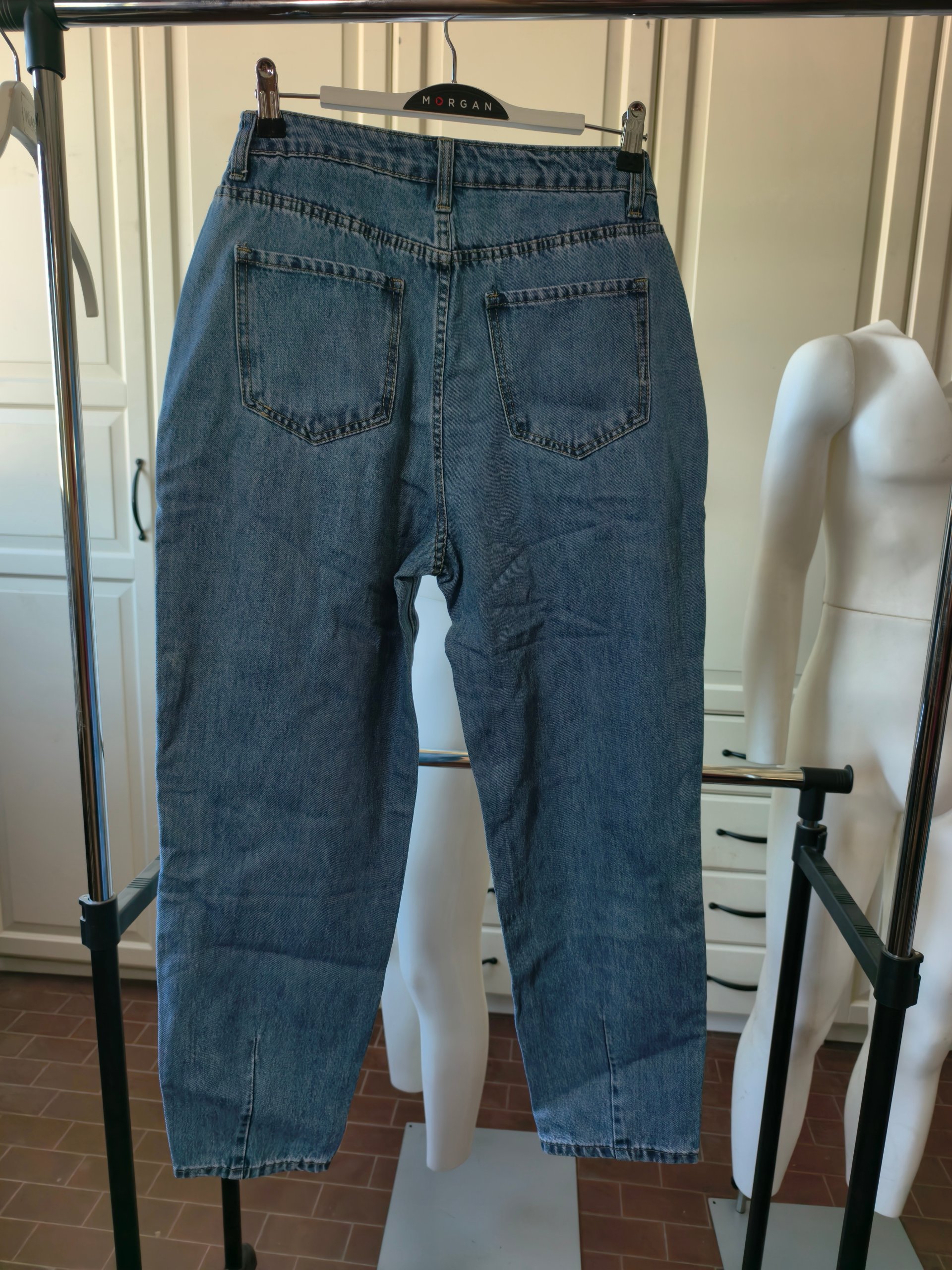 Jeans WAT Donna Mom Fit Tg M Blu 100% Cotone Nuovi Vita Alta Pinces Slouchy image 2