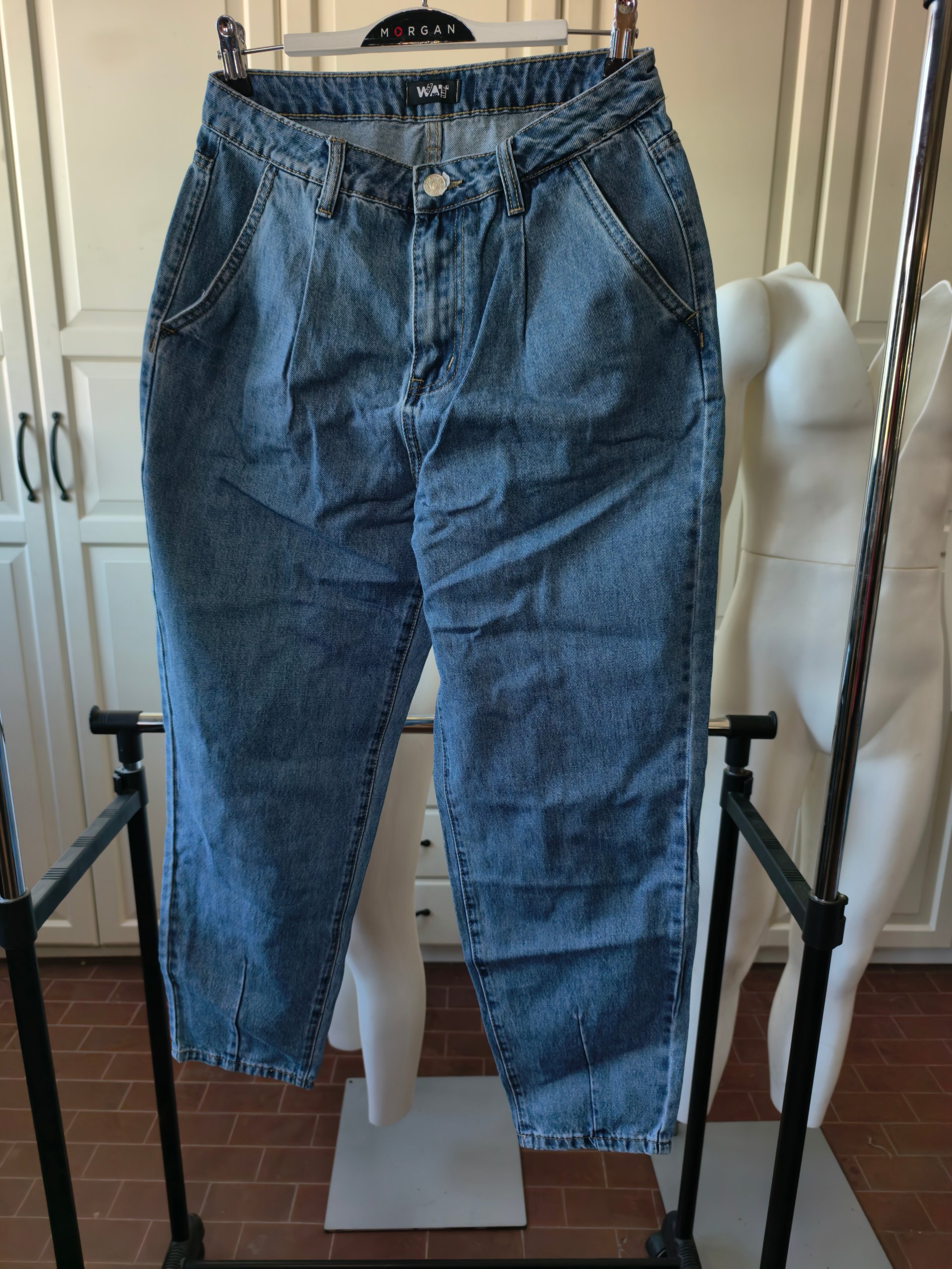 Jeans WAT Donna Mom Fit Tg M Blu 100% Cotone Nuovi Vita Alta Pinces Slouchy
