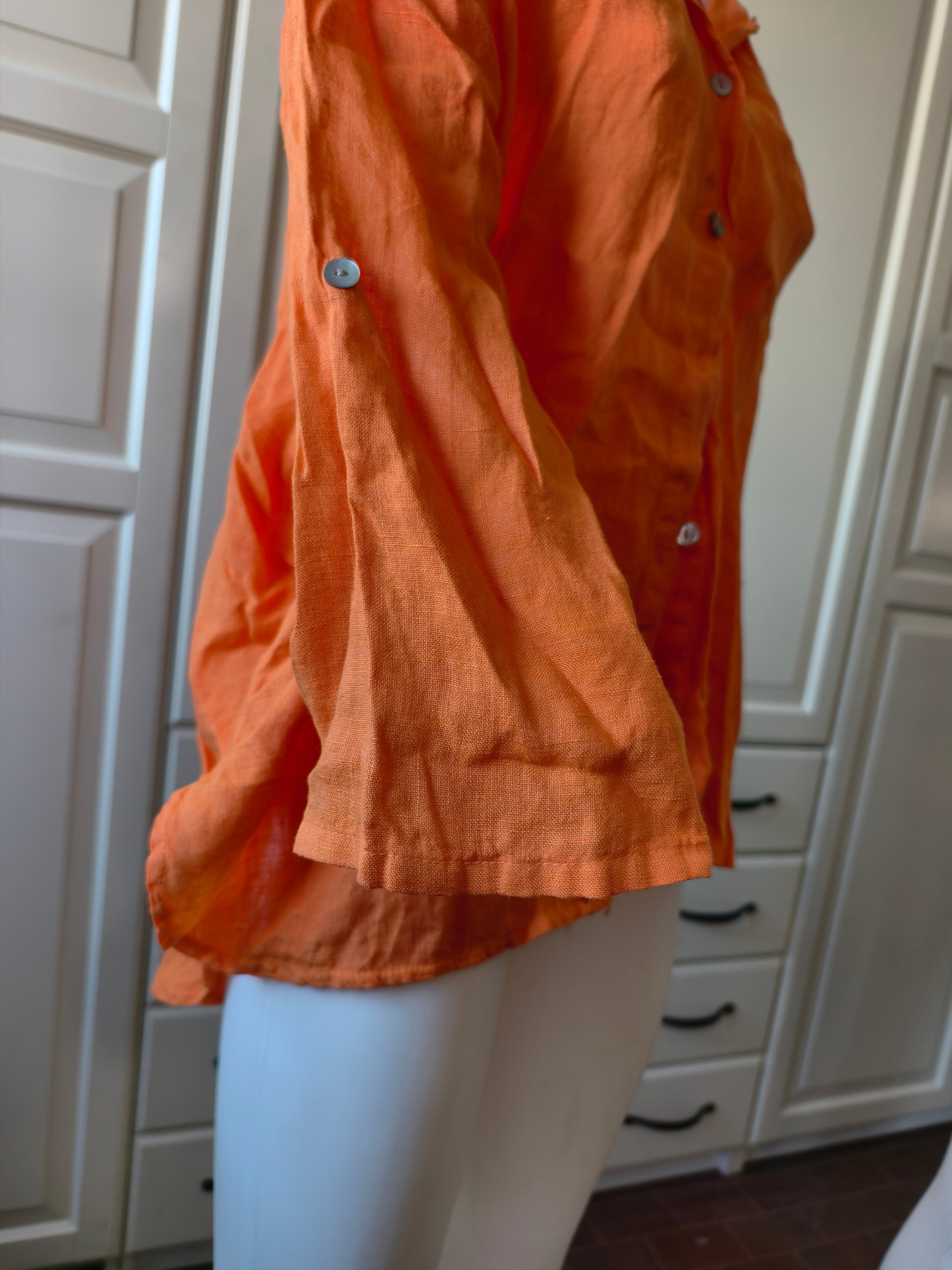 Camicia Lino Donna M L Arancione Manica Regolabile Bottoncino Blusa Estiva Fresca Casual image 6