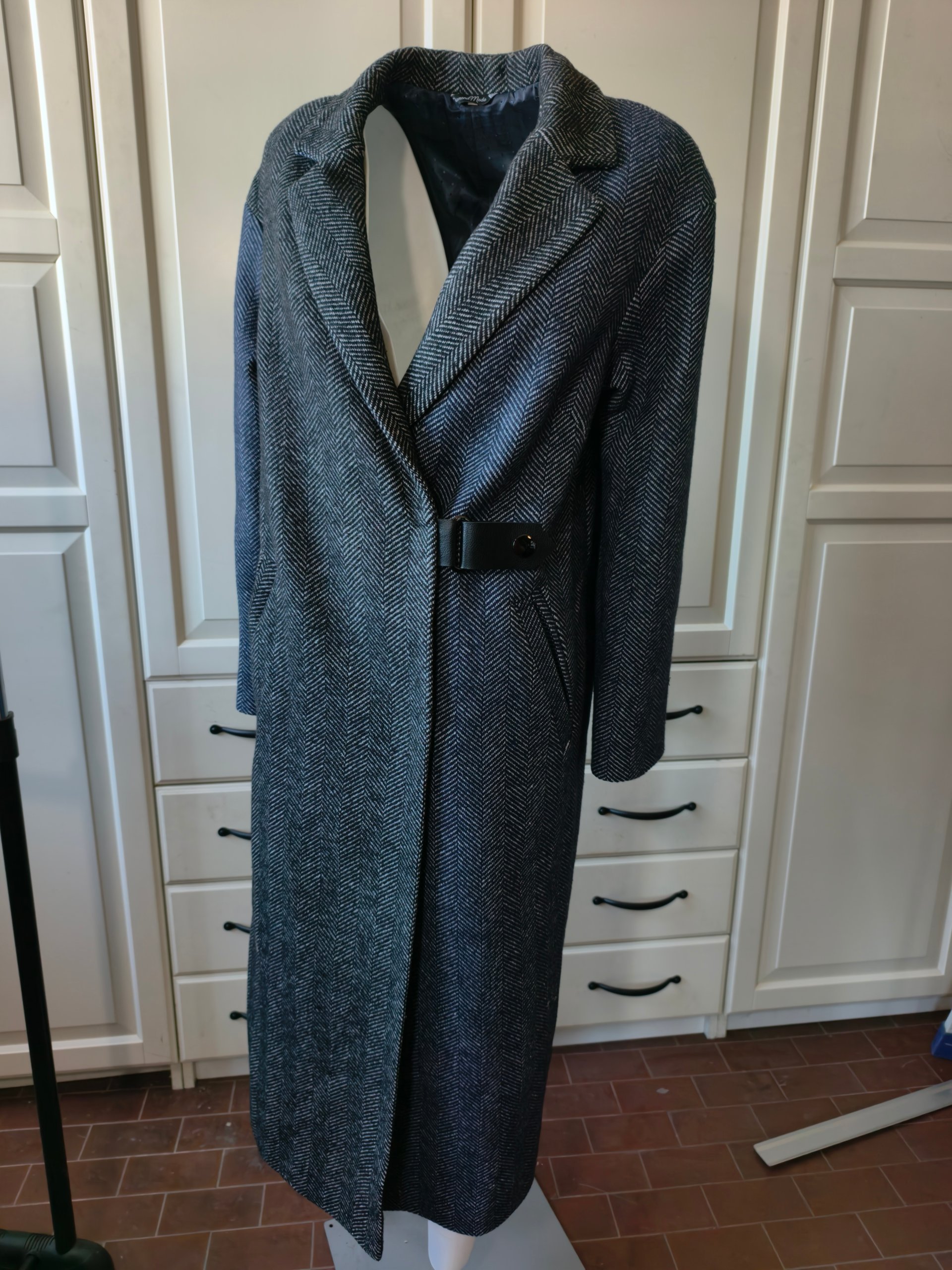 Cappotto Diamond Moda Donna L XL Grigio Spina di Pesce Misto Lana Lungo Dettagli Pelle