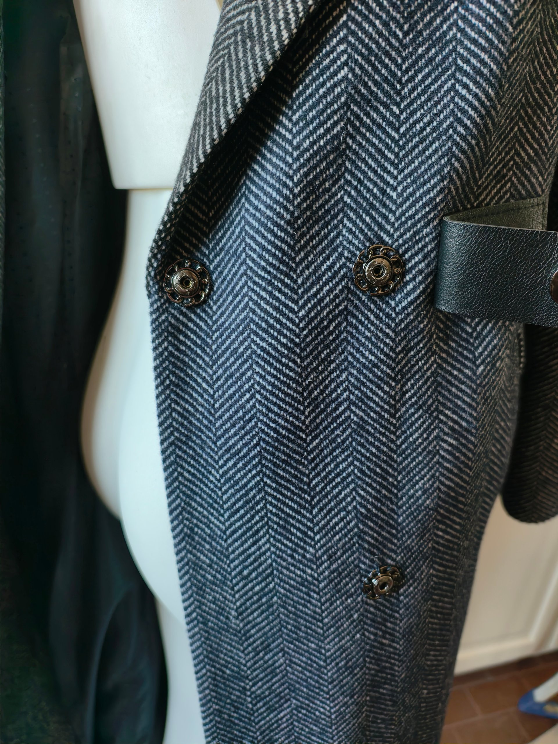 Cappotto Diamond Moda Donna L XL Grigio Spina di Pesce Misto Lana Lungo Dettagli Pelle image 9