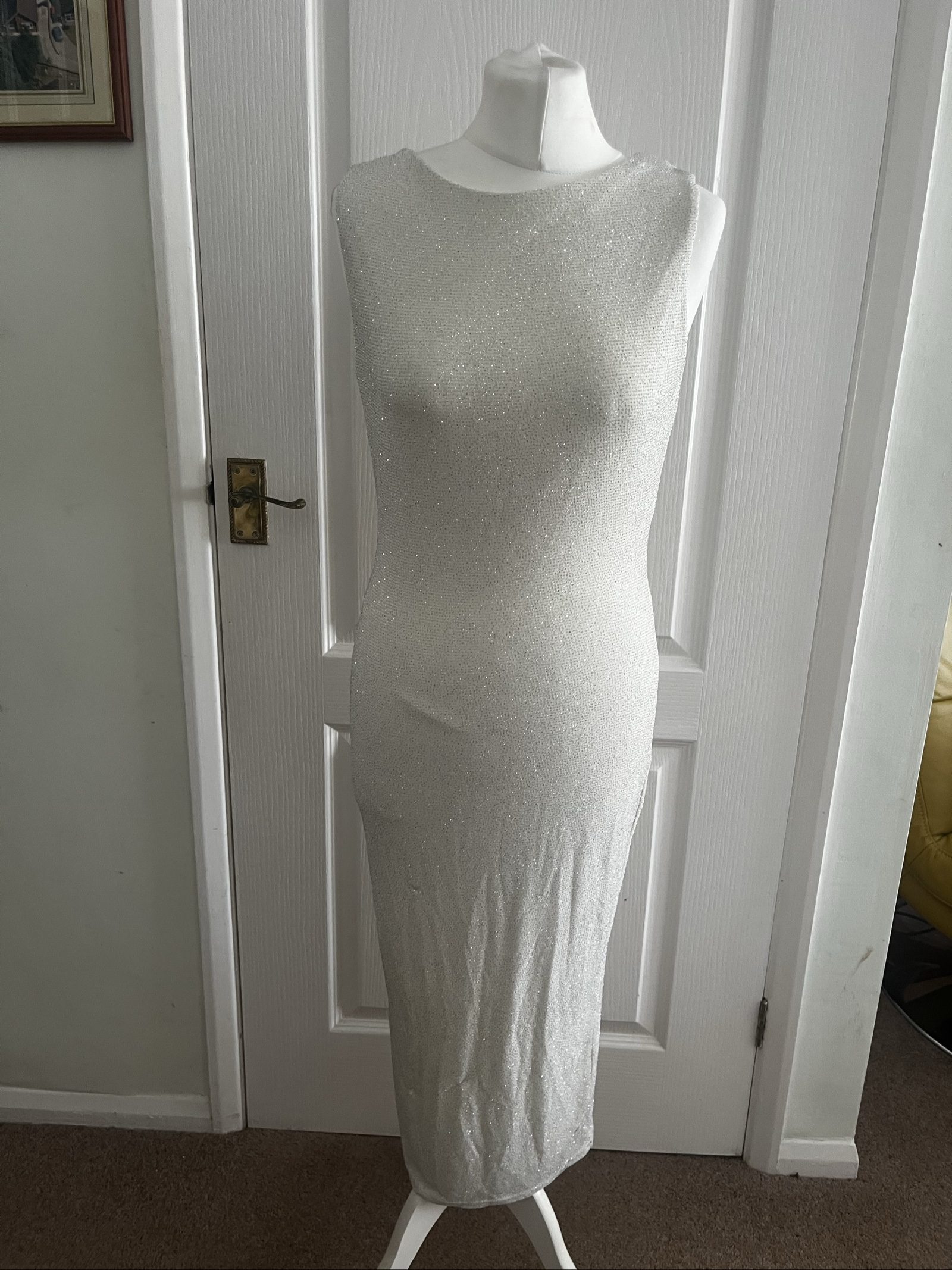 Silver Womens Sleeveless Glitter Knit Bodycon Dress Medium Cowl Back
