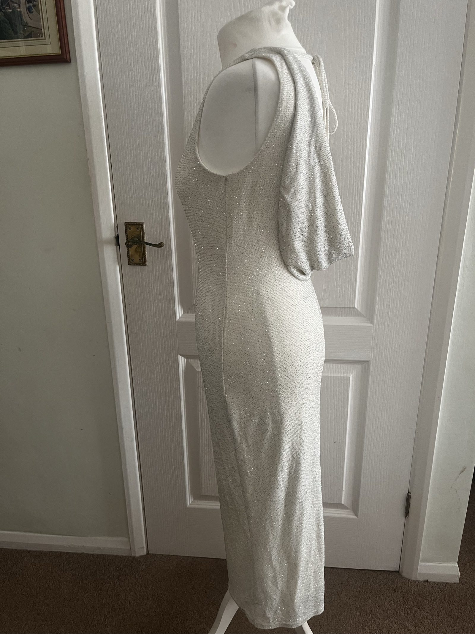 Silver Womens Sleeveless Glitter Knit Bodycon Dress Medium Cowl Back image 3