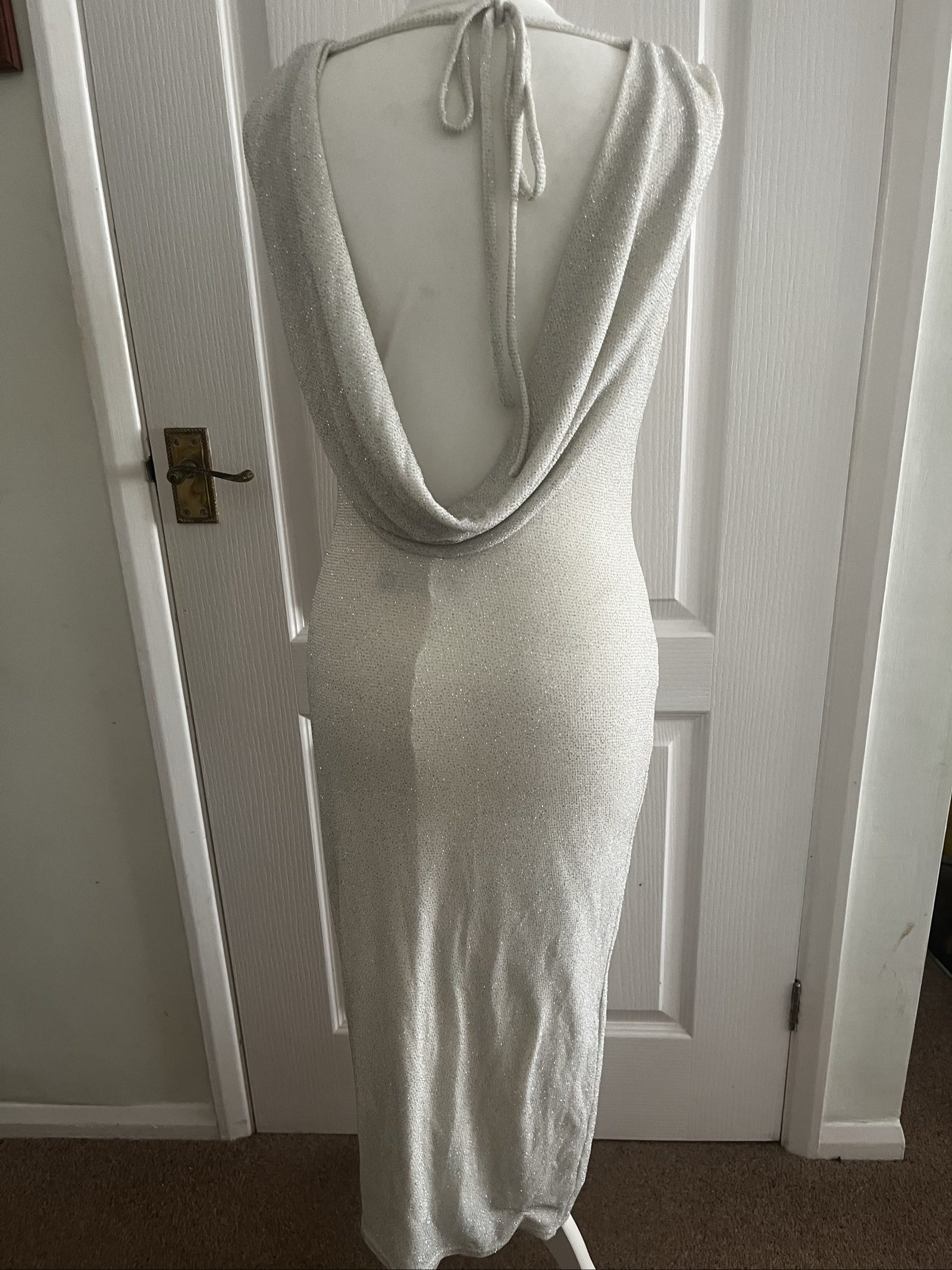Silver Womens Sleeveless Glitter Knit Bodycon Dress Medium Cowl Back image 4