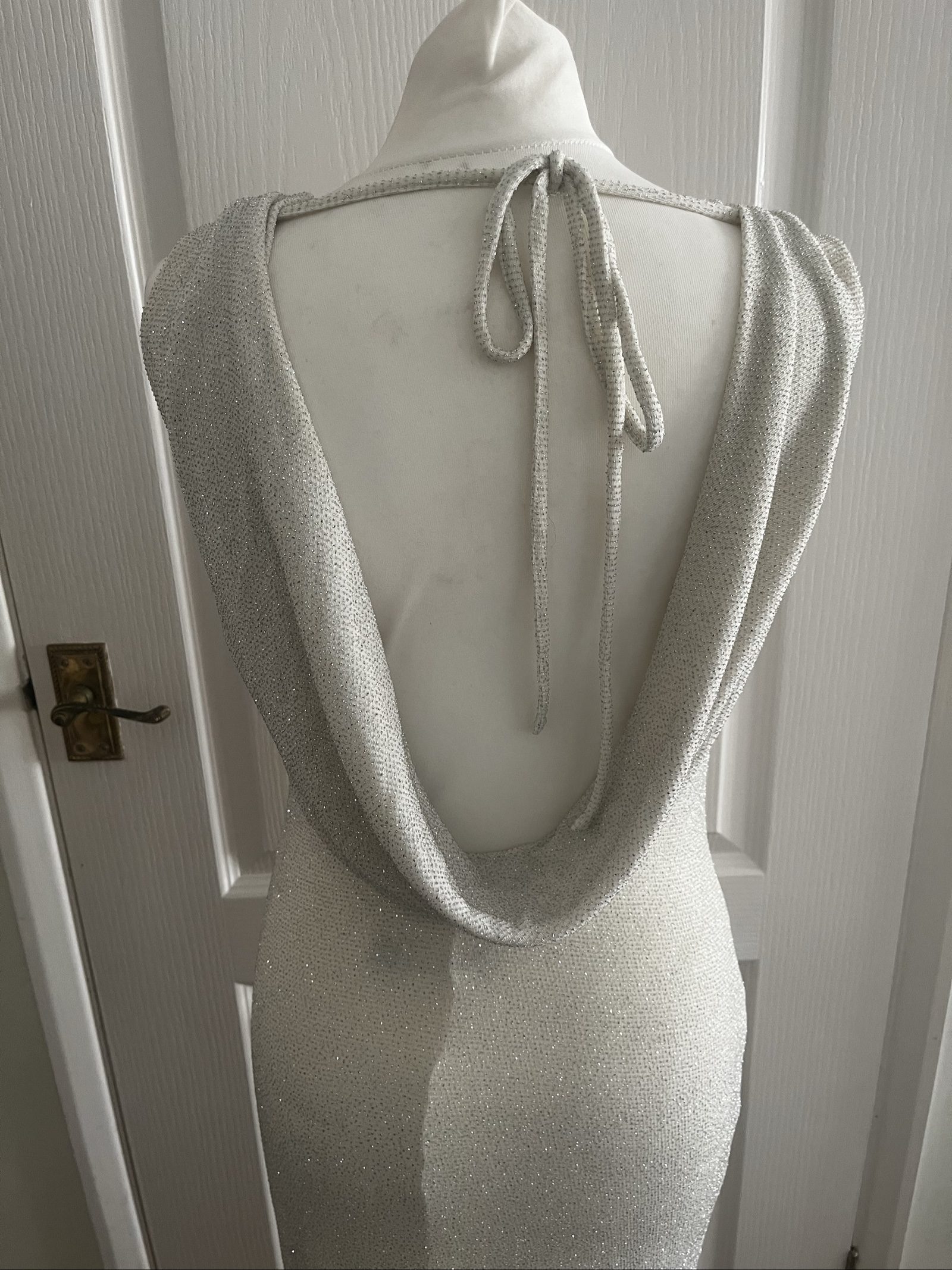 Silver Womens Sleeveless Glitter Knit Bodycon Dress Medium Cowl Back image 5