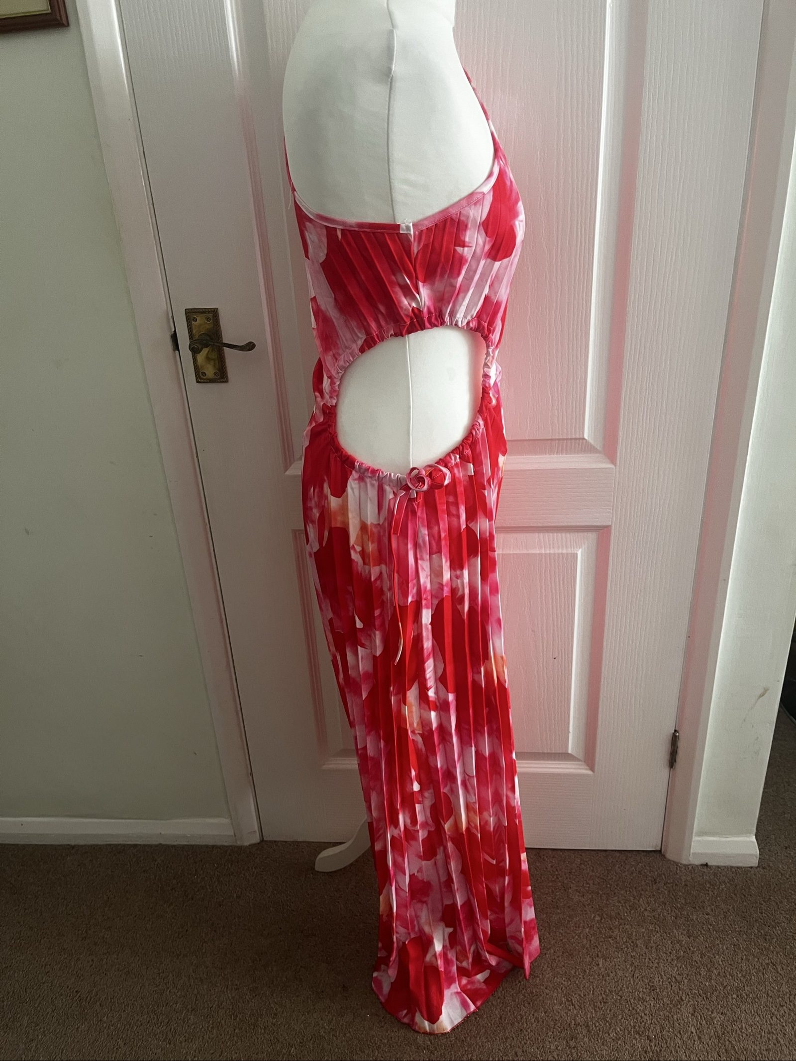 Red & Pink Floral Patterned One-Shoulder Midi Dress Small 35% Polyester 65% Cotton image 2