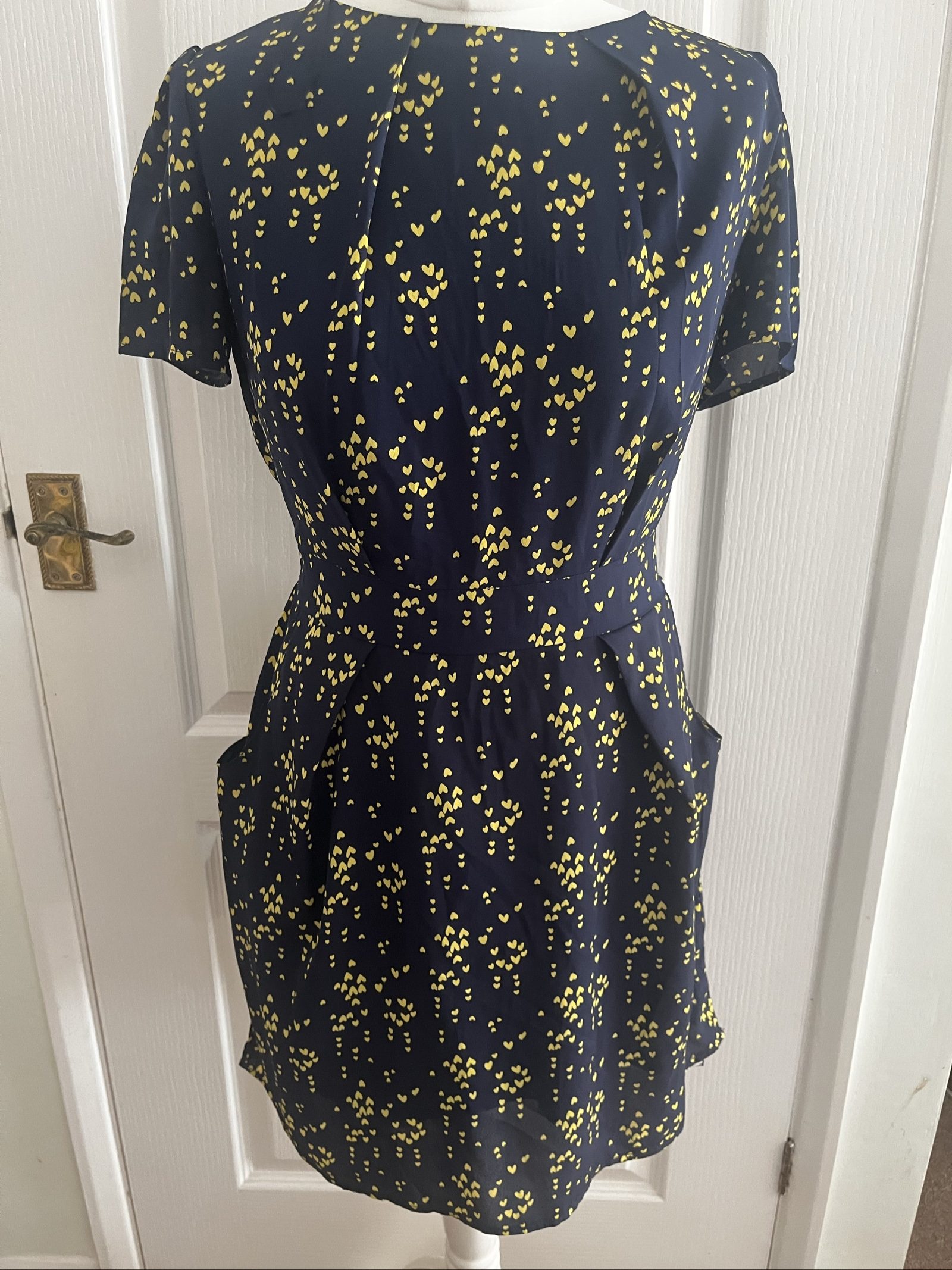 Navy & Yellow Heart Print Short Sleeve Dress Small
