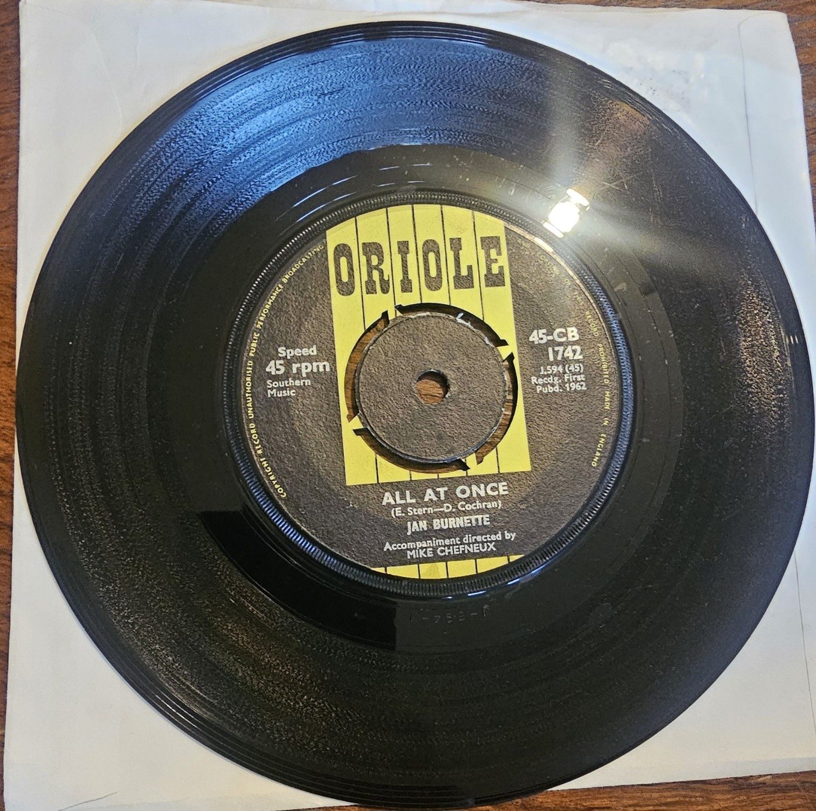 Jan Burnette All At Once Oriole 45-CB 1742 7" Vinyl Single