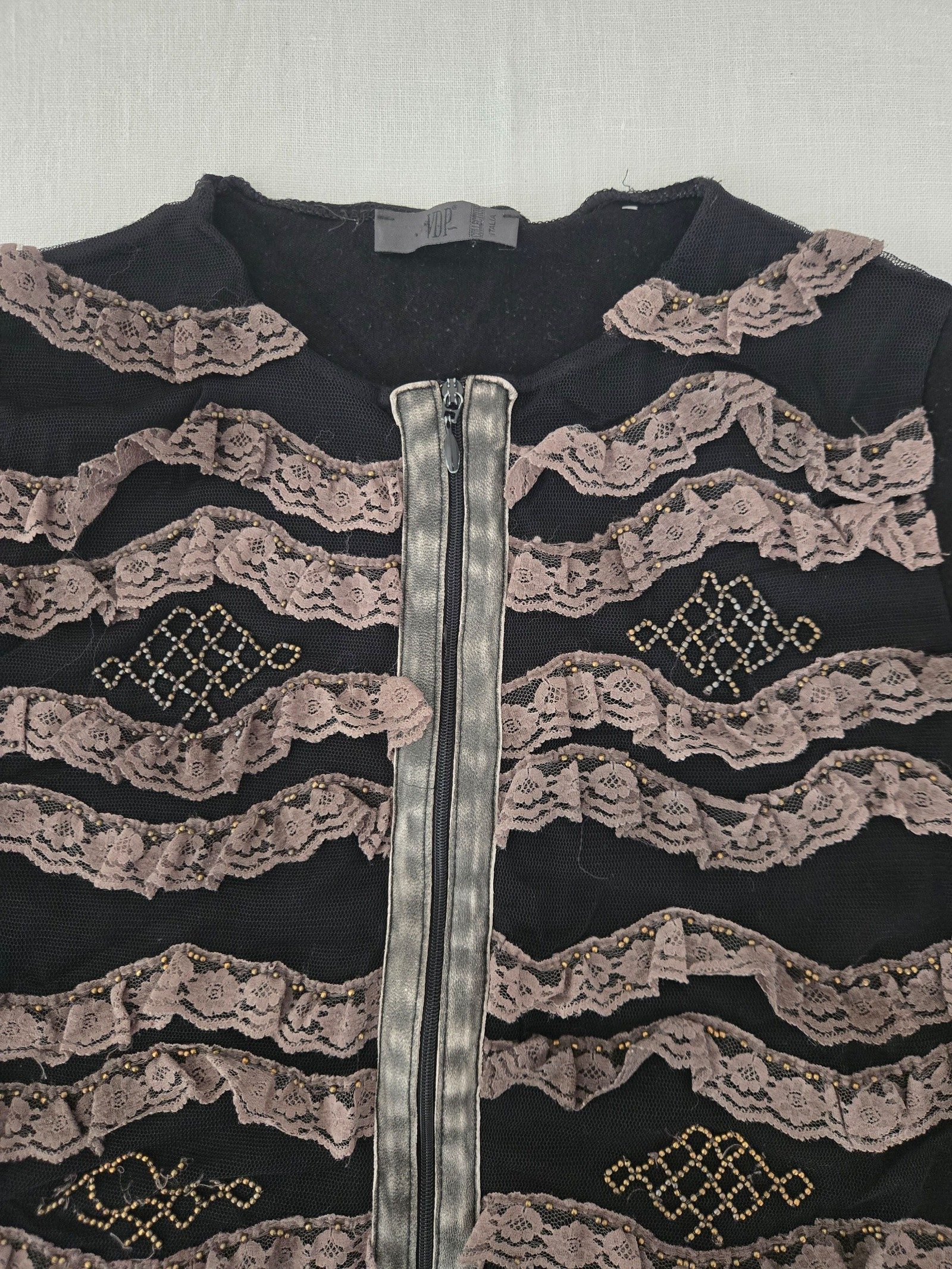 VDP Womens Black Lace Embellished Zip Cardigan Jacket IT 48 image 4