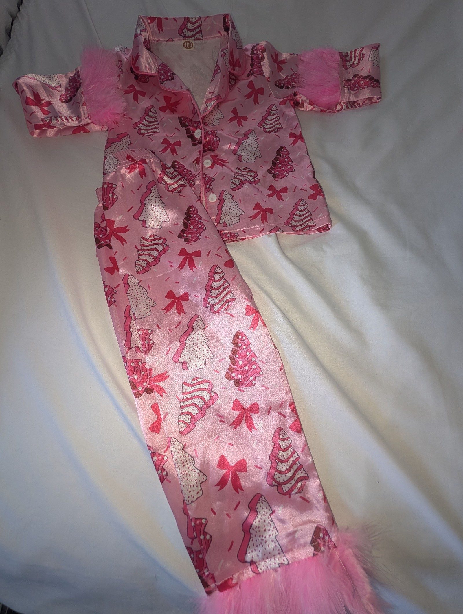 Pink Christmas Tree Print Satin Pajamas