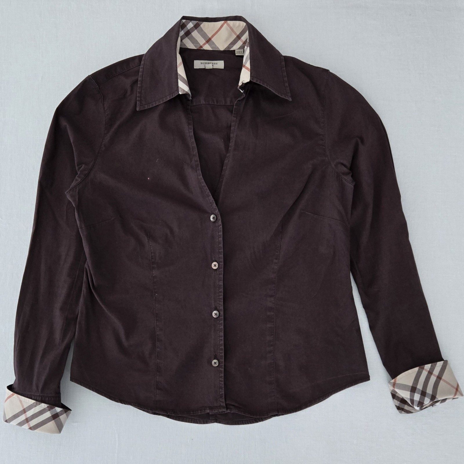 Burberry London Womens Brown Check Trim Shirt Size M