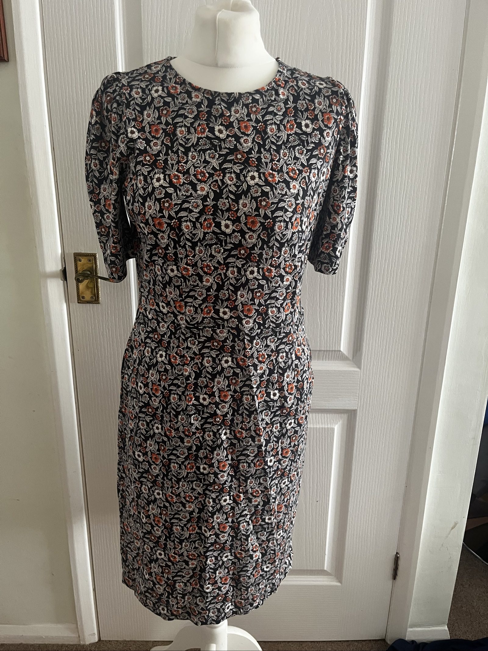 Boden Women's Floral Print Midi Dress – Black with White & Coral Flowers, Short Sleeves, Crew Neck (UK12)