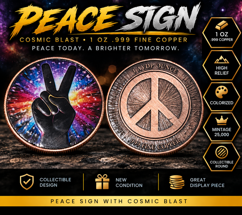 Peace Sign 1 oz .999 Fine Copper Collectible Coin Cosmic Blast